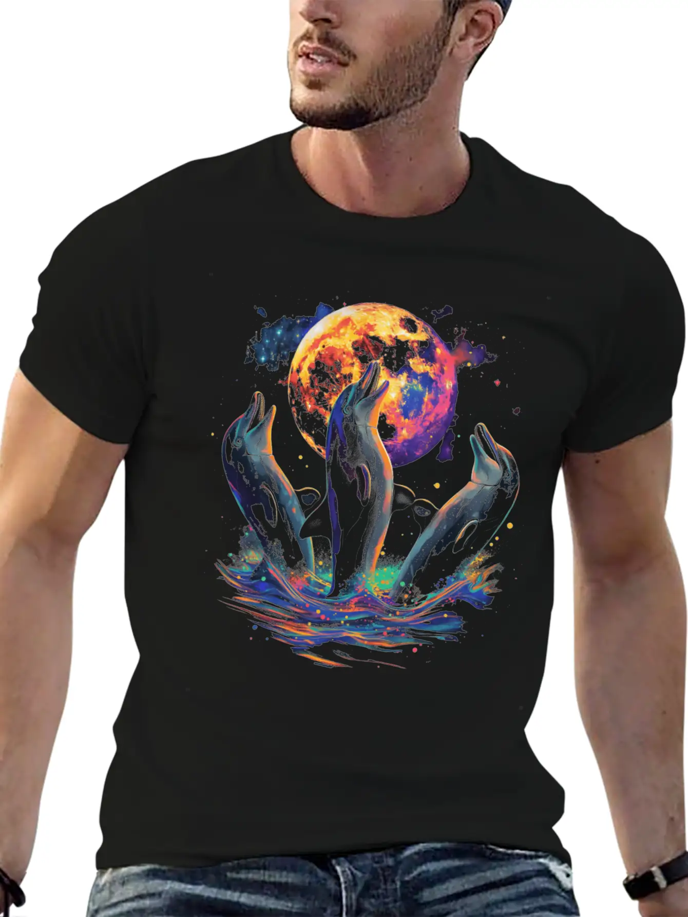 Dolphin Ocean Animal Howling Moon Classic Cotton Tee – Unisex Comfort For Any Season