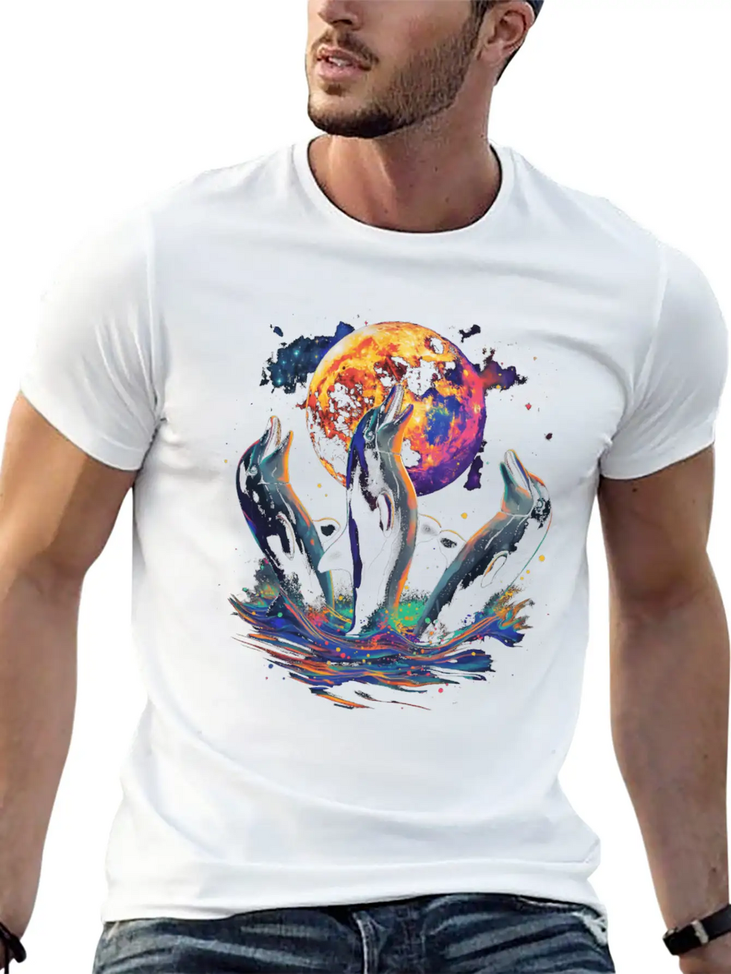 Dolphin Ocean Animal Howling Moon Classic Cotton Tee – Unisex Comfort For Any Season