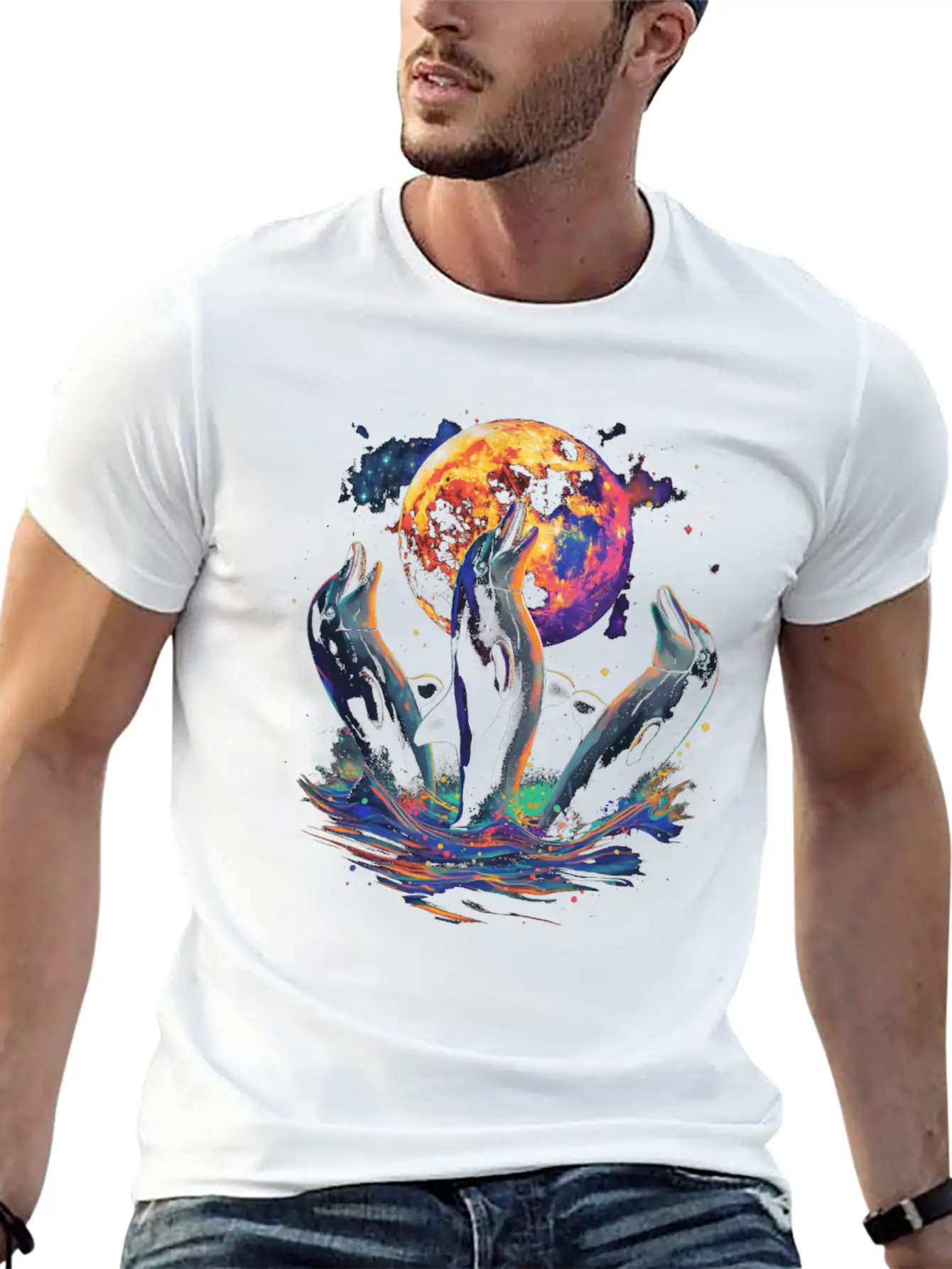 Dolphin Ocean Animal Howling Moon Classic Cotton Tee – Unisex Comfort For Any Season