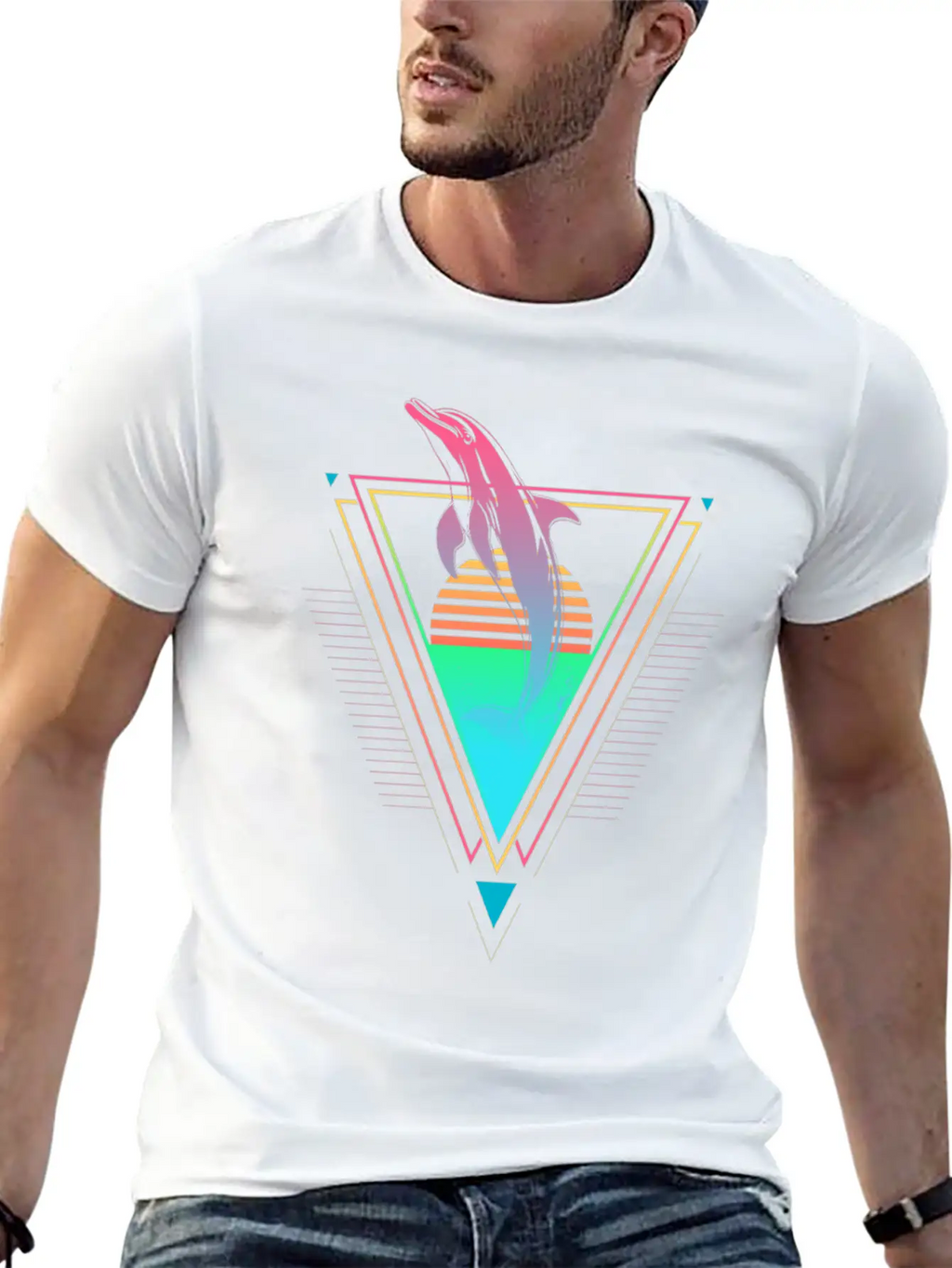 Dolphin Vaporwave Synthwave 90s 80s Sunset Classic Cotton Tee – Unisex Comfort For Any Season