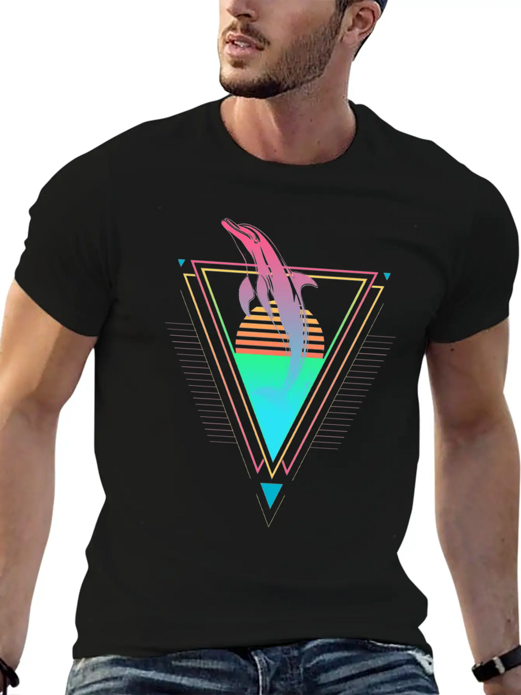 Dolphin Vaporwave Synthwave 90s 80s Sunset Classic Cotton Tee – Unisex Comfort For Any Season