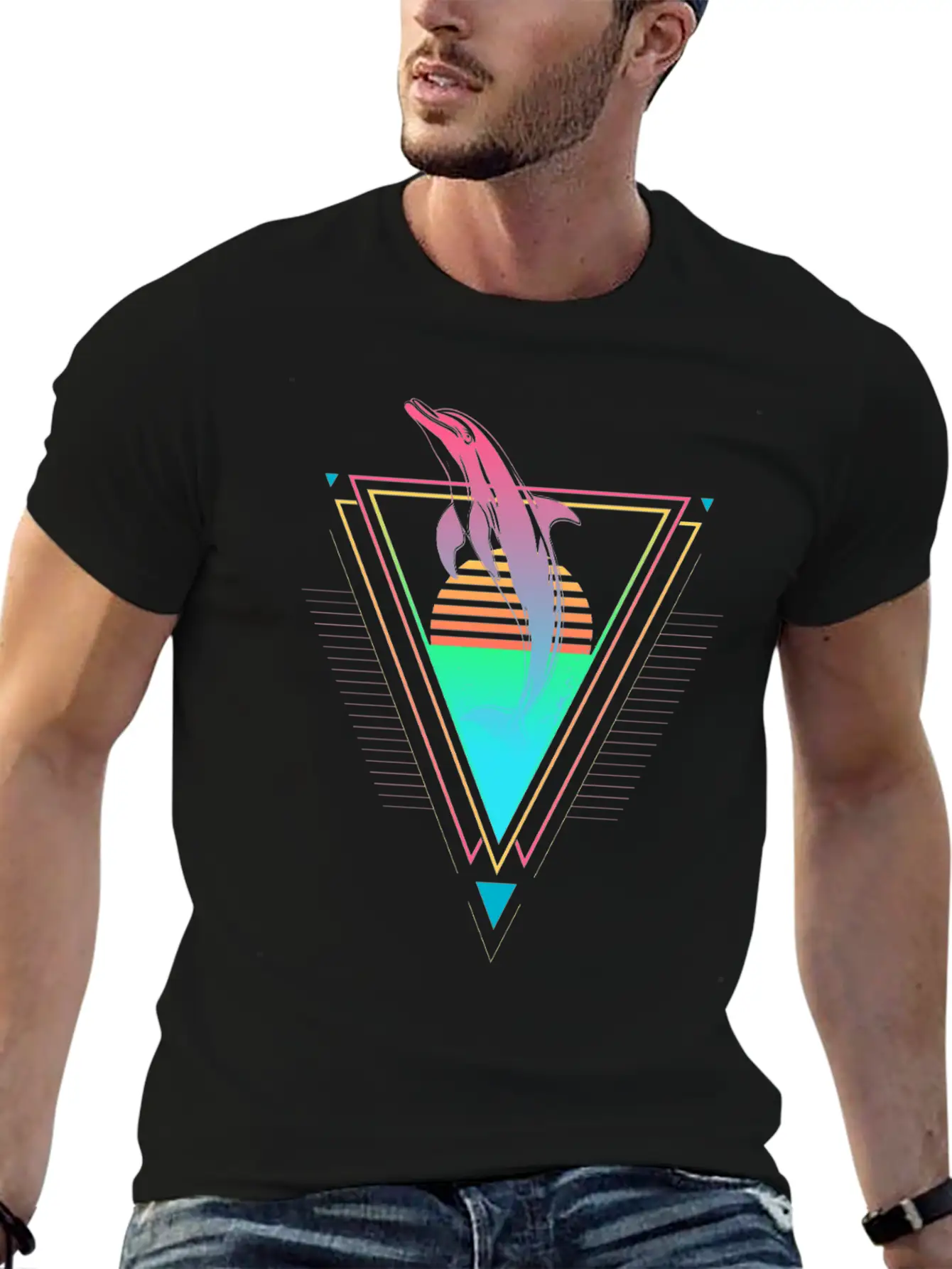 Dolphin Vaporwave Synthwave 90s 80s Sunset Classic Cotton Tee – Unisex Comfort For Any Season