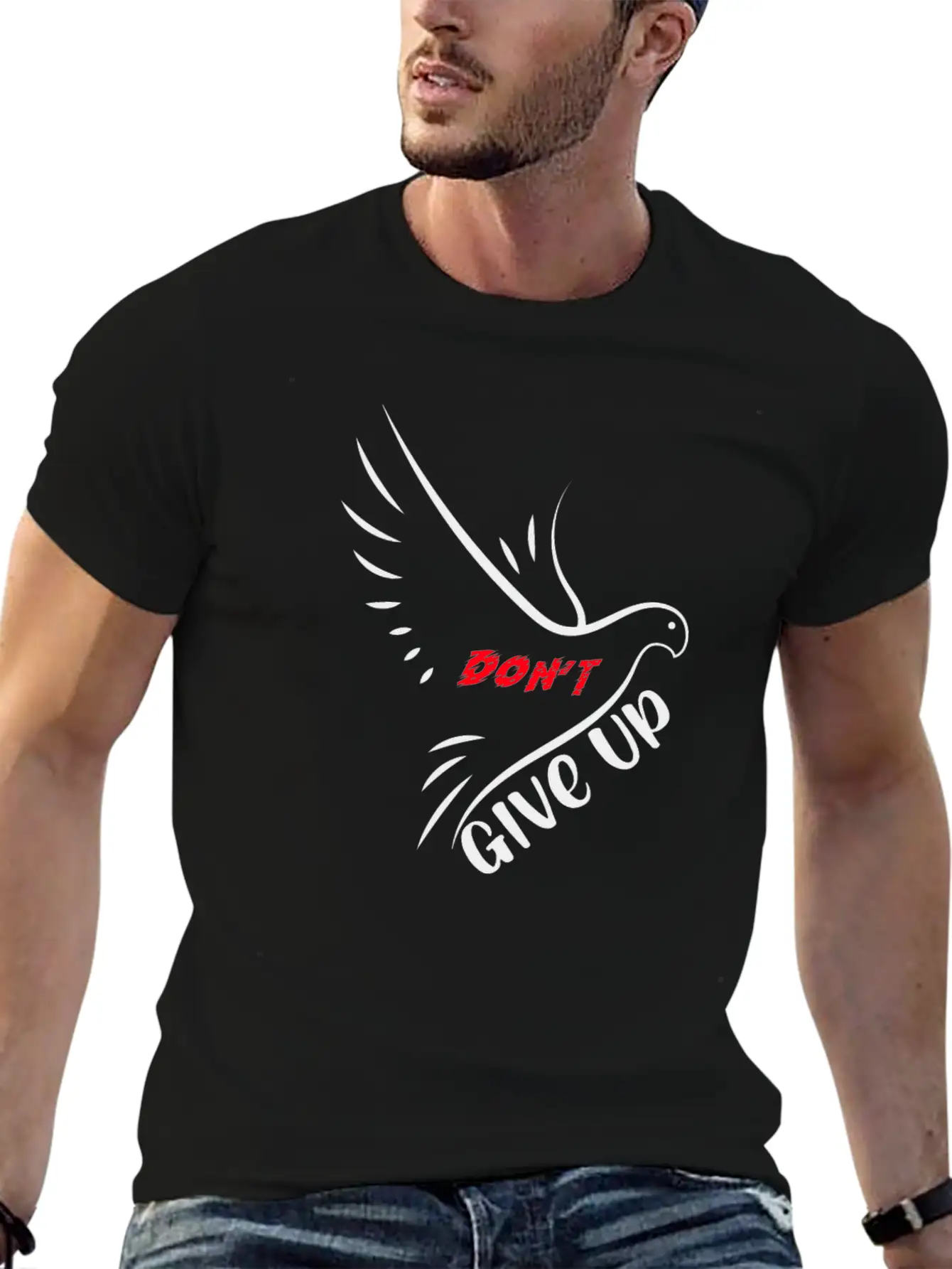 Don't Give Up Motivation Line Eagle Bird - Black Essential Cotton Tee For Daily Outfits – Unisex Style