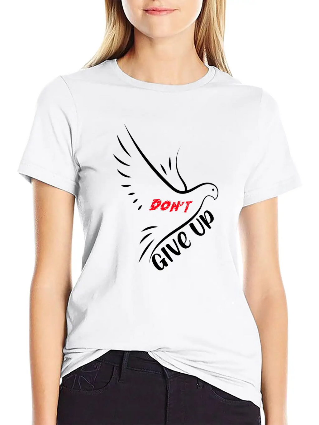 Don't Give Up Motivation Line Eagle Bird - Black Essential Cotton Tee For Daily Outfits – Unisex Style