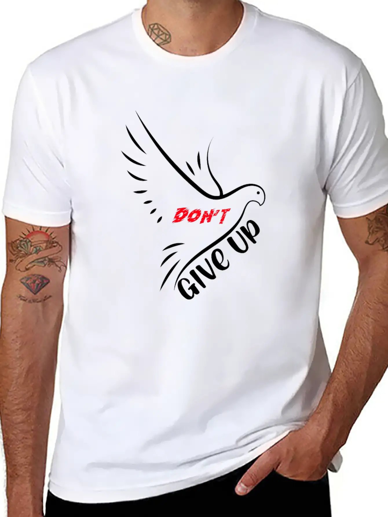 Don't Give Up Motivation Line Eagle Bird - Black Essential Cotton Tee For Daily Outfits – Unisex Style