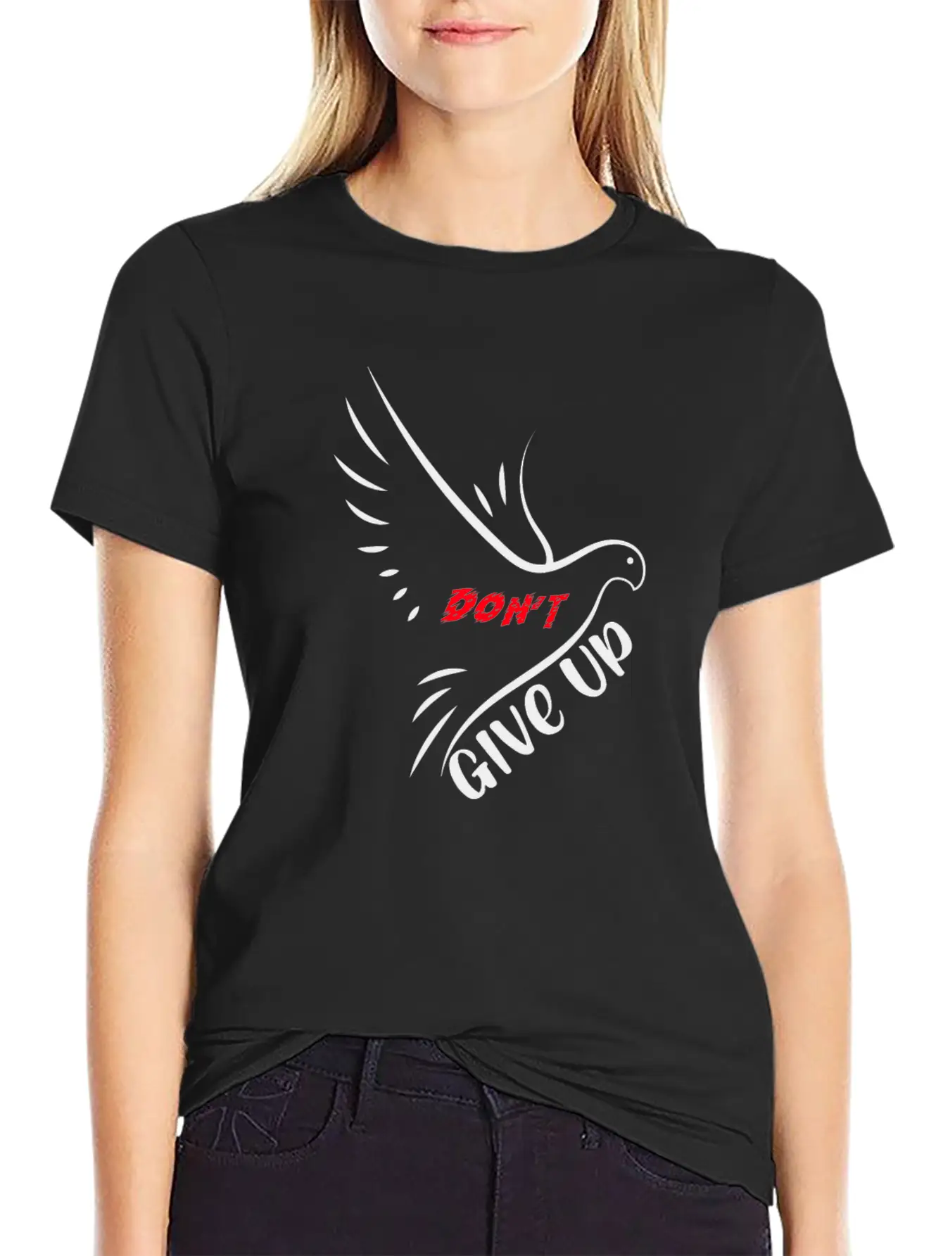 Don't Give Up Motivation Line Eagle Bird - Black Essential Cotton Tee For Daily Outfits – Unisex Style