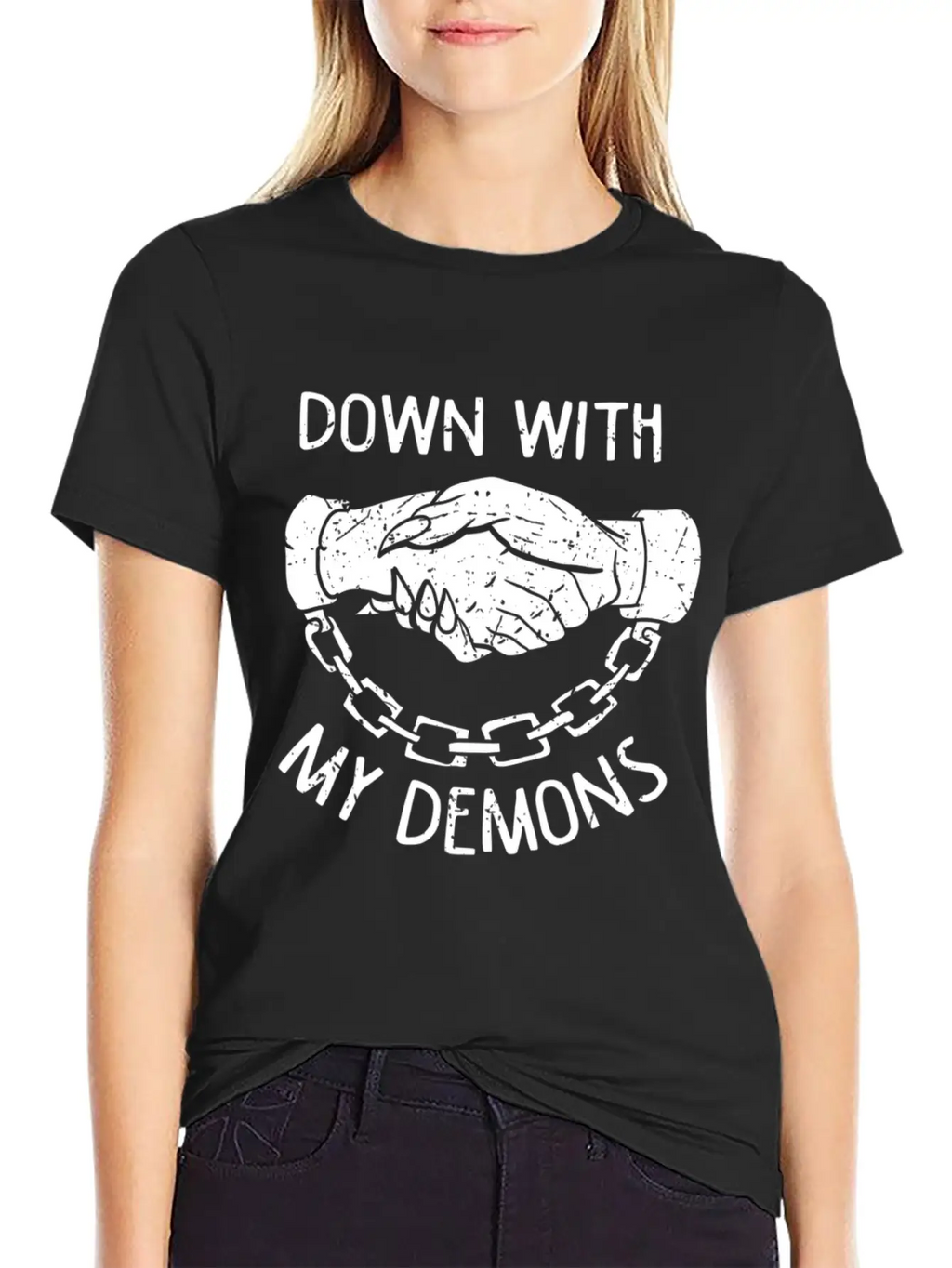 Down With My Demons Deal Handshake Aesthetic Unisex Casual T-Shirt – Clean Design For Daily Comfort