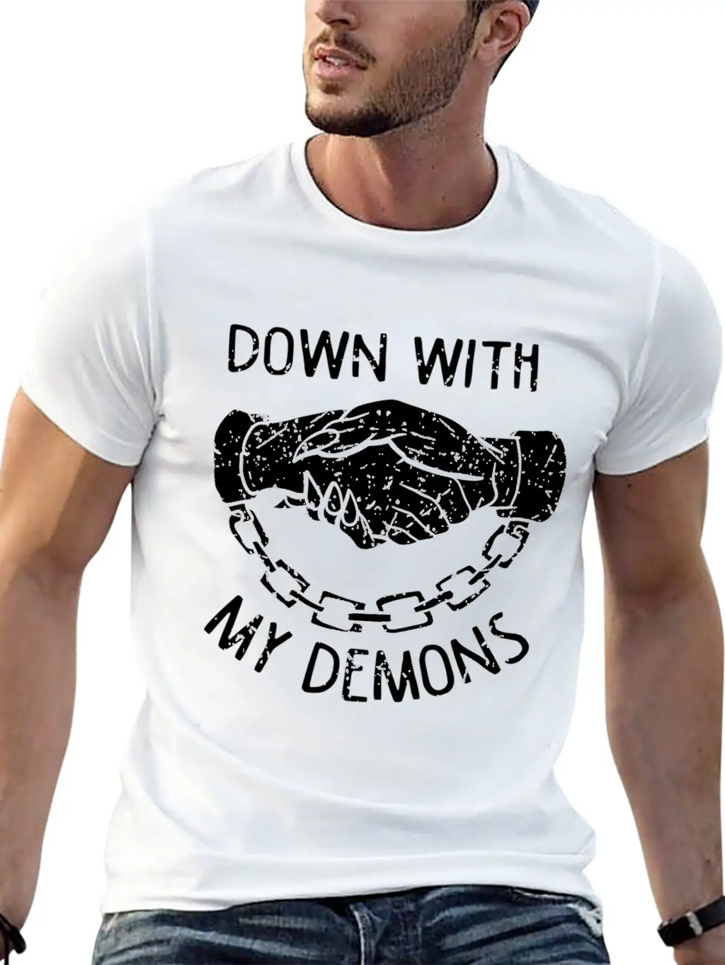 Down With My Demons Deal Handshake Aesthetic Unisex Casual T-Shirt – Clean Design For Daily Comfort