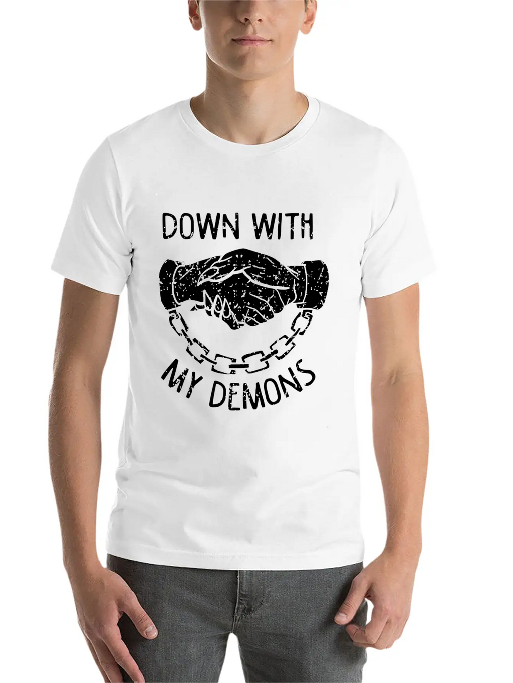 Down With My Demons Deal Handshake Aesthetic Unisex Casual T-Shirt – Clean Design For Daily Comfort
