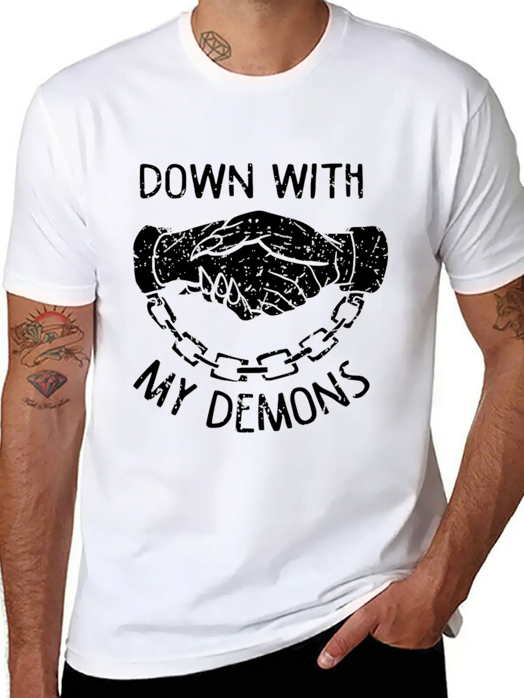Down With My Demons Deal Handshake Aesthetic Unisex Casual T-Shirt – Clean Design For Daily Comfort