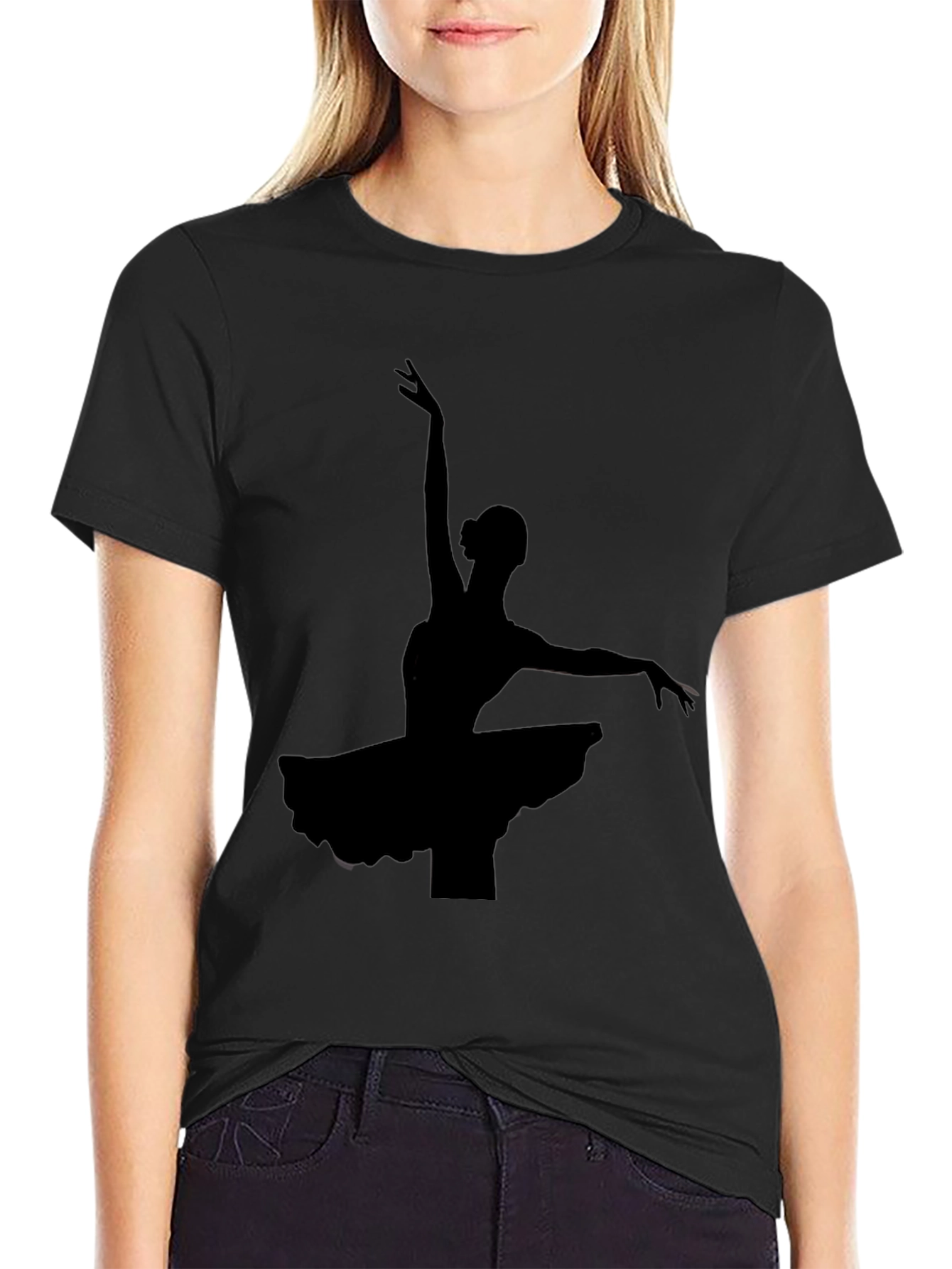Elegant Ballerina Silhouette Black T-Shirt