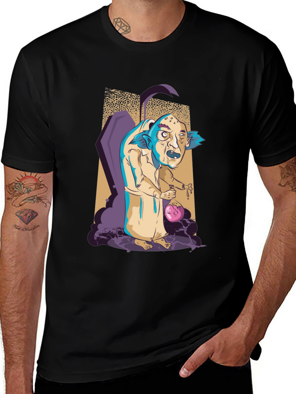 Monster Cartoon Graphic Print Black Tee