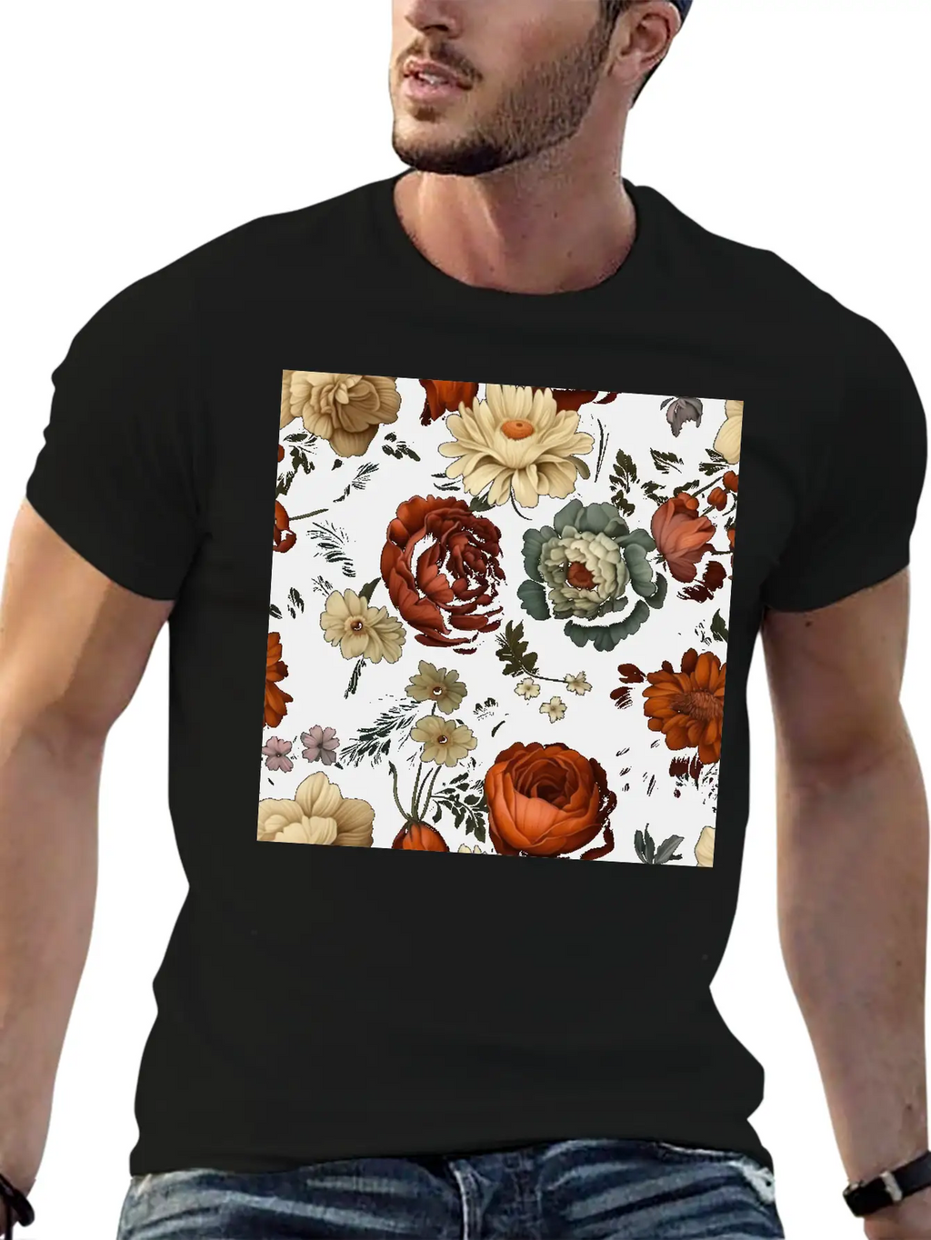 Dutch Nocturne: Luminous Floral Pastoral On Black Classic Cotton Tee – Unisex Comfort For Any Season