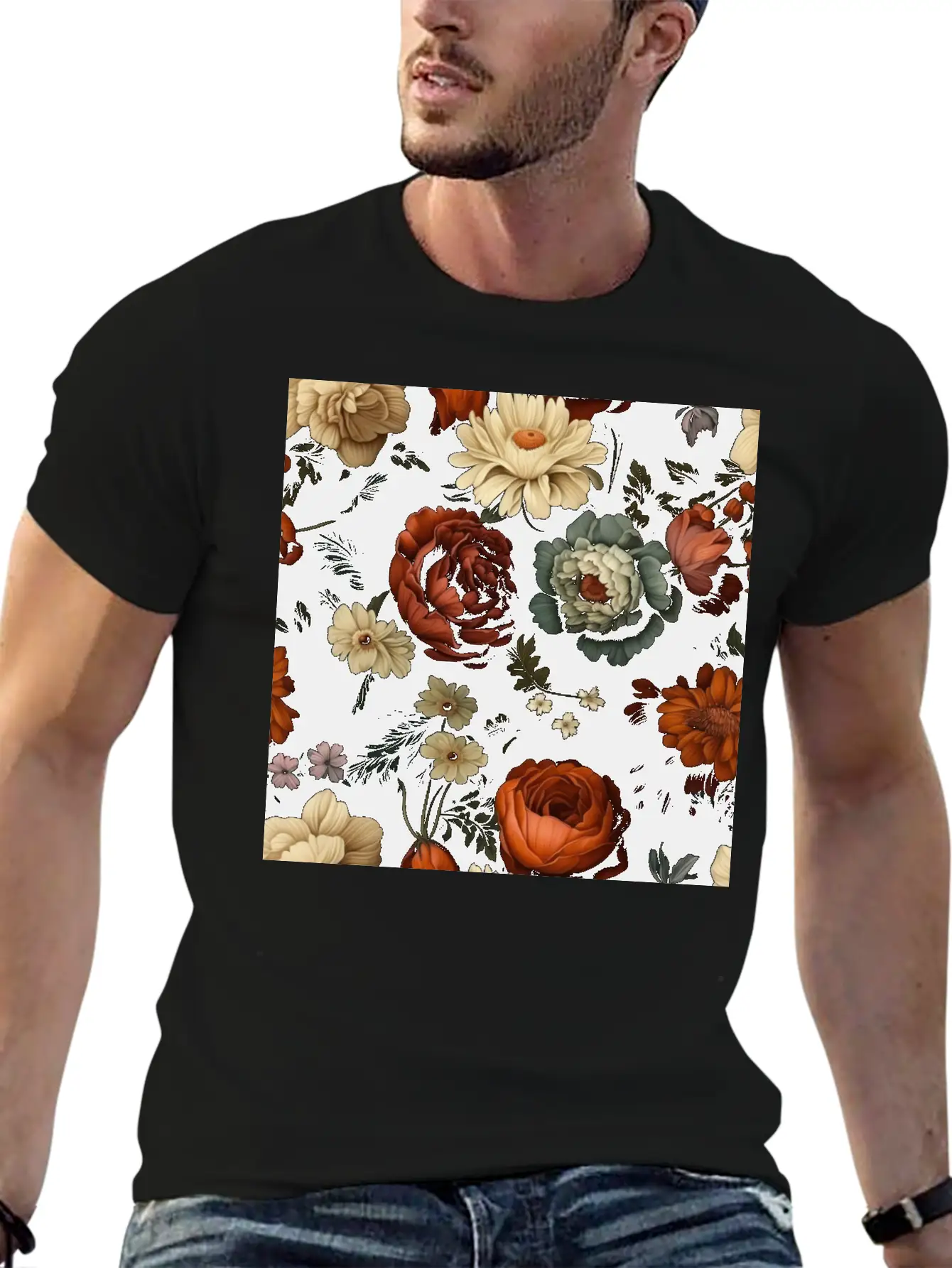 Dutch Nocturne: Luminous Floral Pastoral On Black Classic Cotton Tee – Unisex Comfort For Any Season