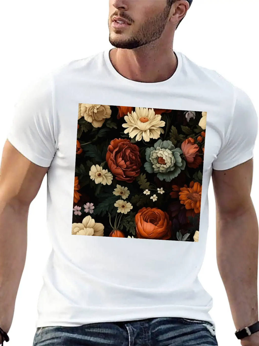 Dutch Nocturne: Luminous Floral Pastoral On Black Classic Cotton Tee – Unisex Comfort For Any Season