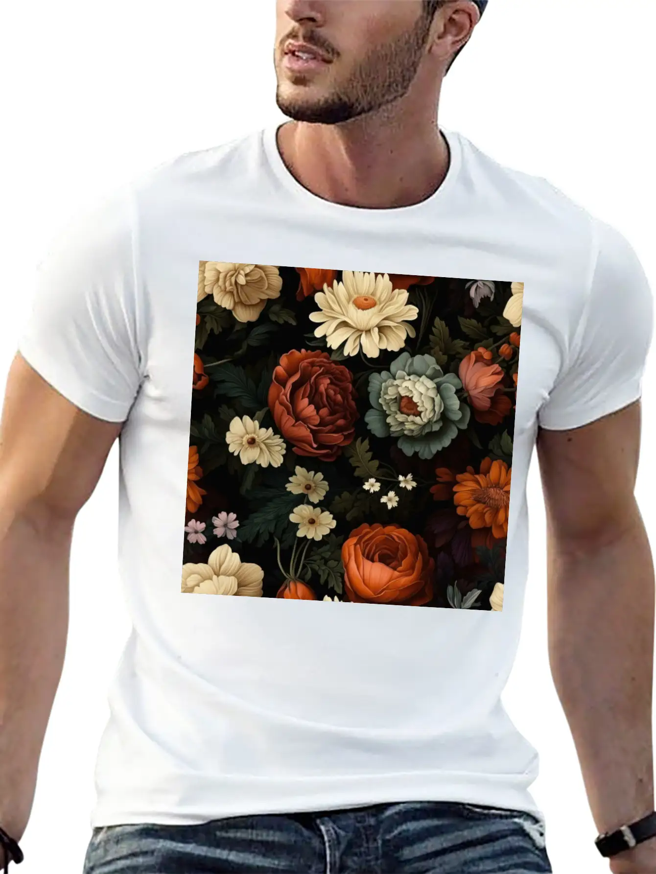 Dutch Nocturne: Luminous Floral Pastoral On Black Classic Cotton Tee – Unisex Comfort For Any Season