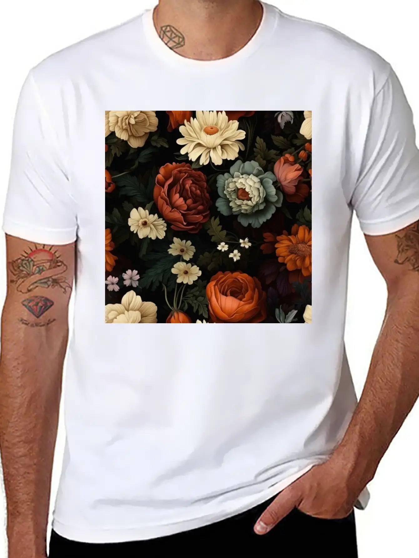 Dutch Nocturne: Luminous Floral Pastoral On Black Classic Cotton Tee – Unisex Comfort For Any Season