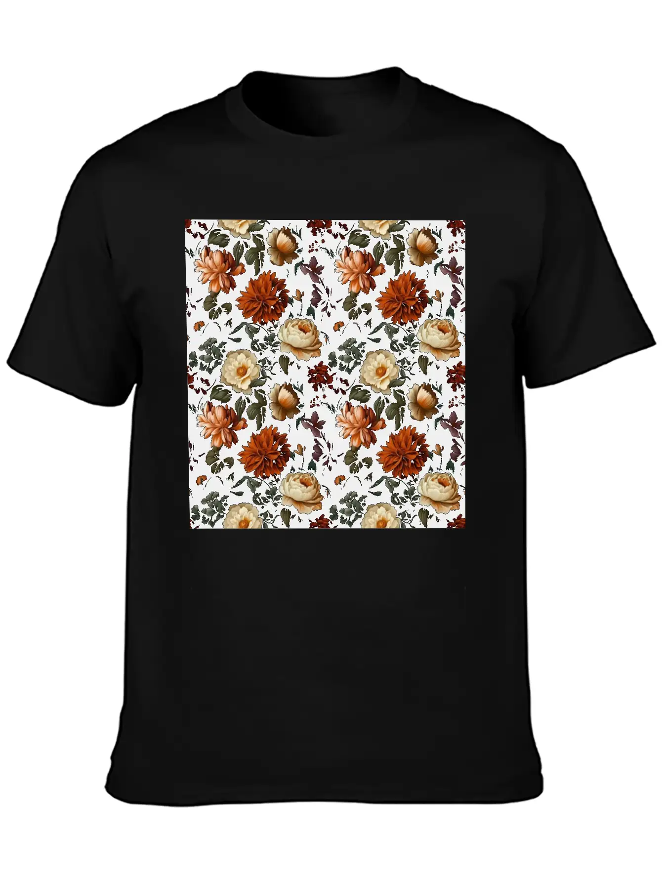 Dutch Nocturne: Luminous Floral Pastoral On Black Essential Cotton Tee For Daily Outfits – Unisex Style