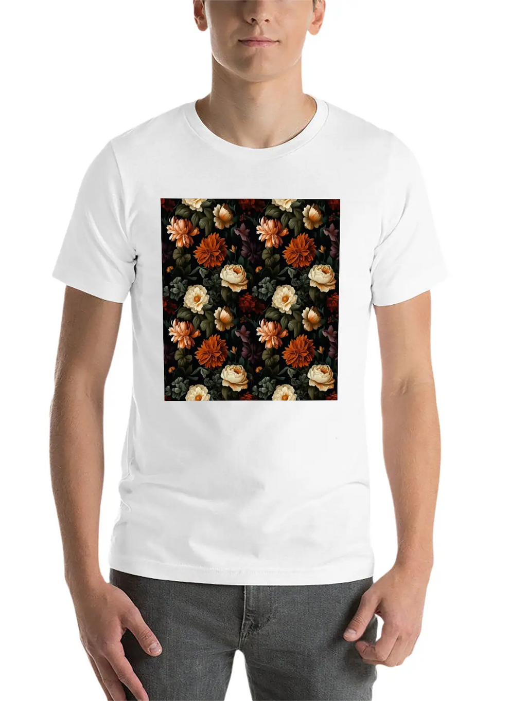 Dutch Nocturne: Luminous Floral Pastoral On Black Essential Cotton Tee For Daily Outfits – Unisex Style