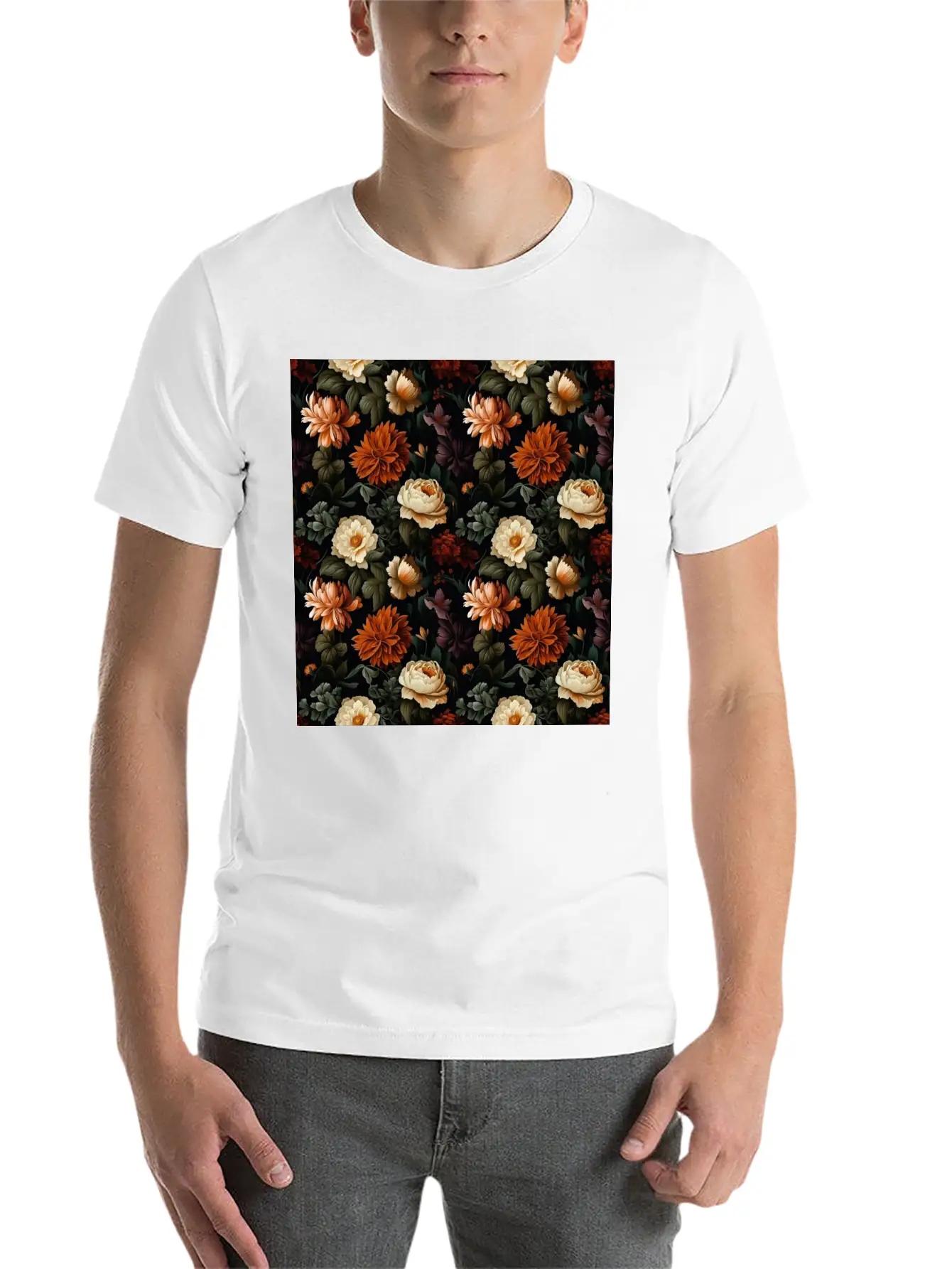 Dutch Nocturne: Luminous Floral Pastoral On Black Essential Cotton Tee For Daily Outfits – Unisex Style