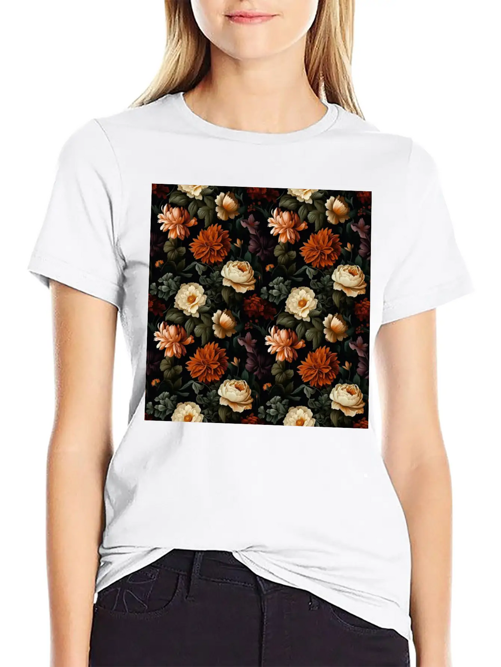 Dutch Nocturne: Luminous Floral Pastoral On Black Essential Cotton Tee For Daily Outfits – Unisex Style