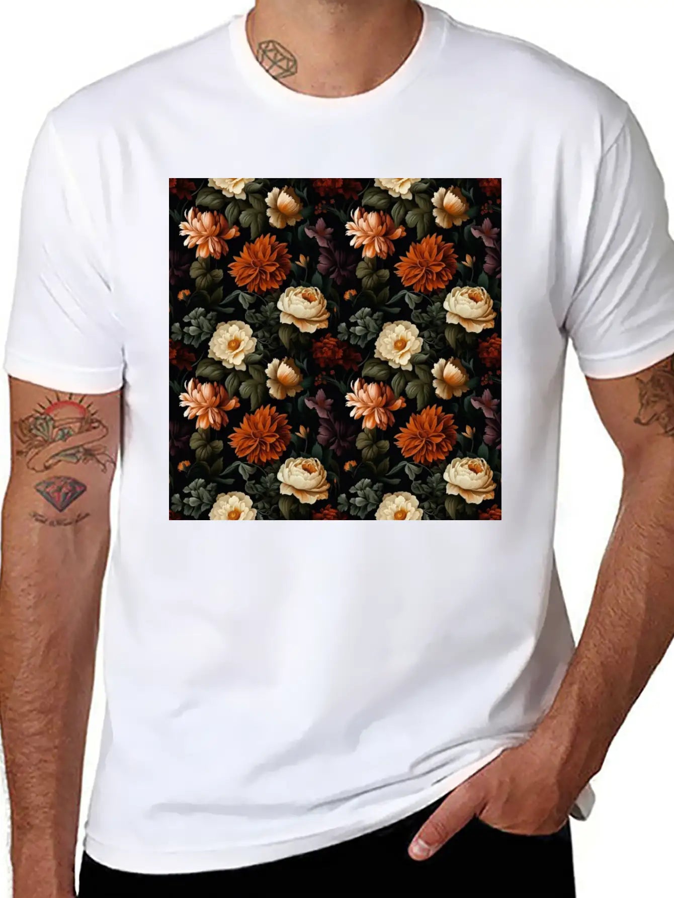 Dutch Nocturne: Luminous Floral Pastoral On Black Essential Cotton Tee For Daily Outfits – Unisex Style