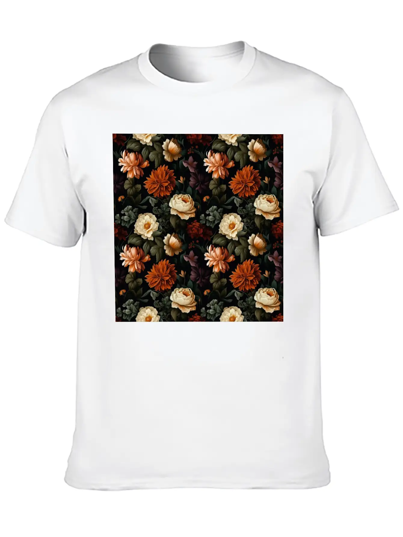 Dutch Nocturne: Luminous Floral Pastoral On Black Essential Cotton Tee For Daily Outfits – Unisex Style