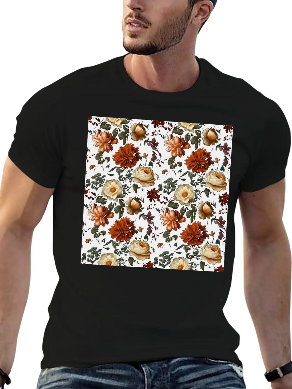 Dutch Nocturne: Luminous Floral Pastoral On Black Essential Cotton Tee For Daily Outfits – Unisex Style