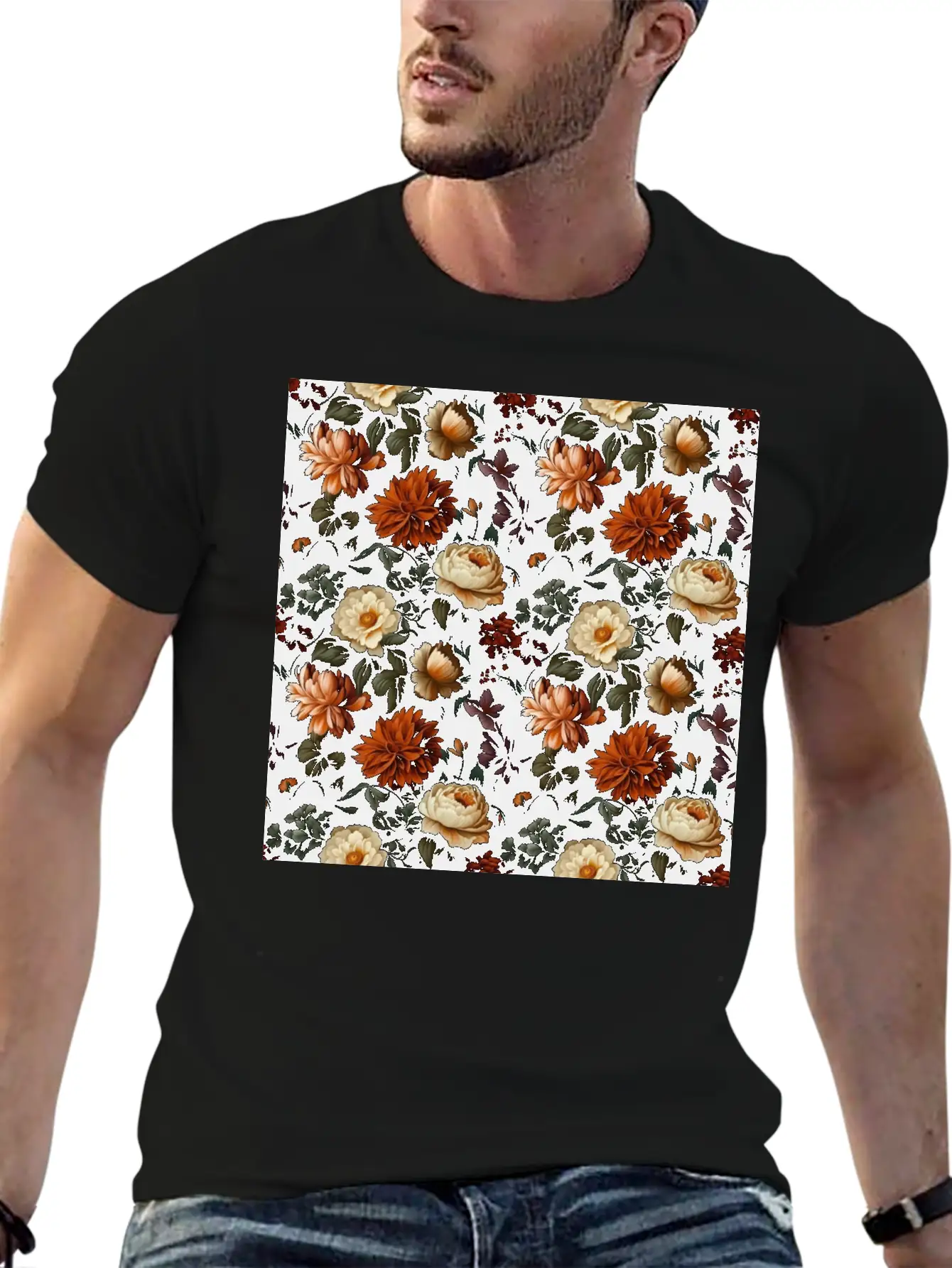 Dutch Nocturne: Luminous Floral Pastoral On Black Essential Cotton Tee For Daily Outfits – Unisex Style