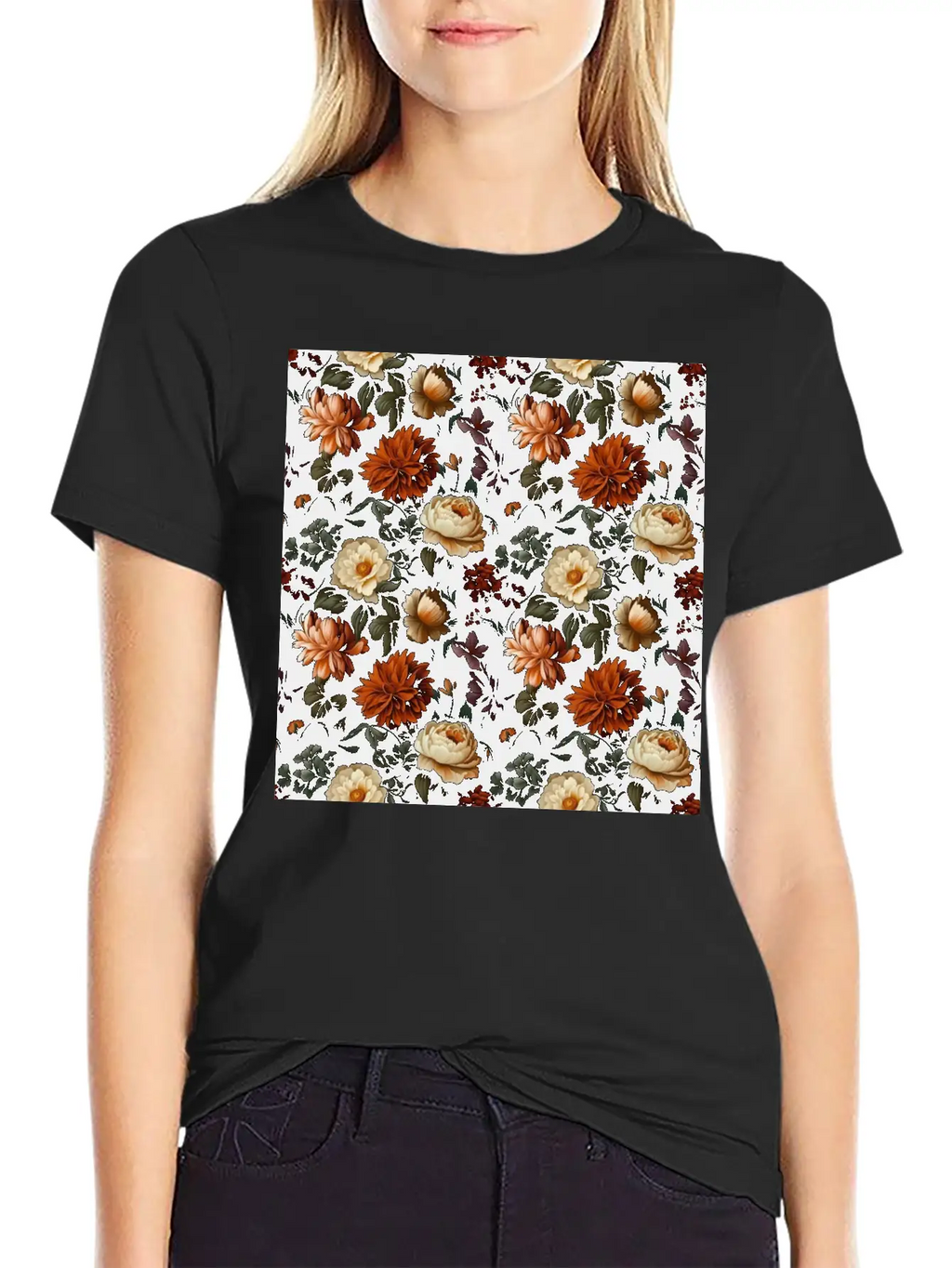 Dutch Nocturne: Luminous Floral Pastoral On Black Essential Cotton Tee For Daily Outfits – Unisex Style