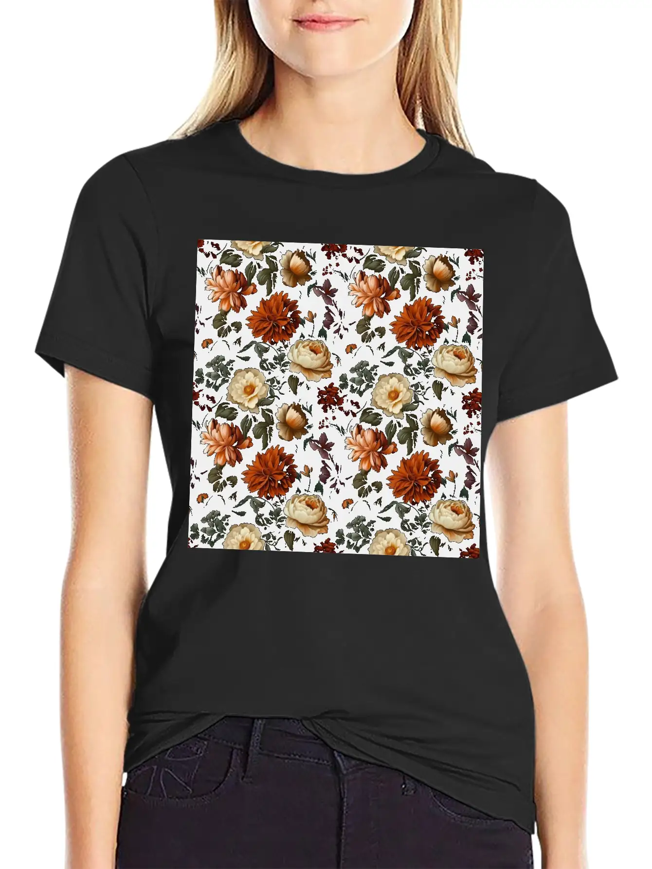 Dutch Nocturne: Luminous Floral Pastoral On Black Essential Cotton Tee For Daily Outfits – Unisex Style