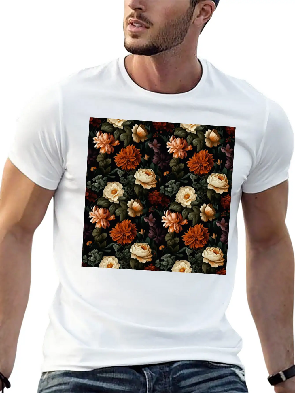 Dutch Nocturne: Luminous Floral Pastoral On Black Essential Cotton Tee For Daily Outfits – Unisex Style