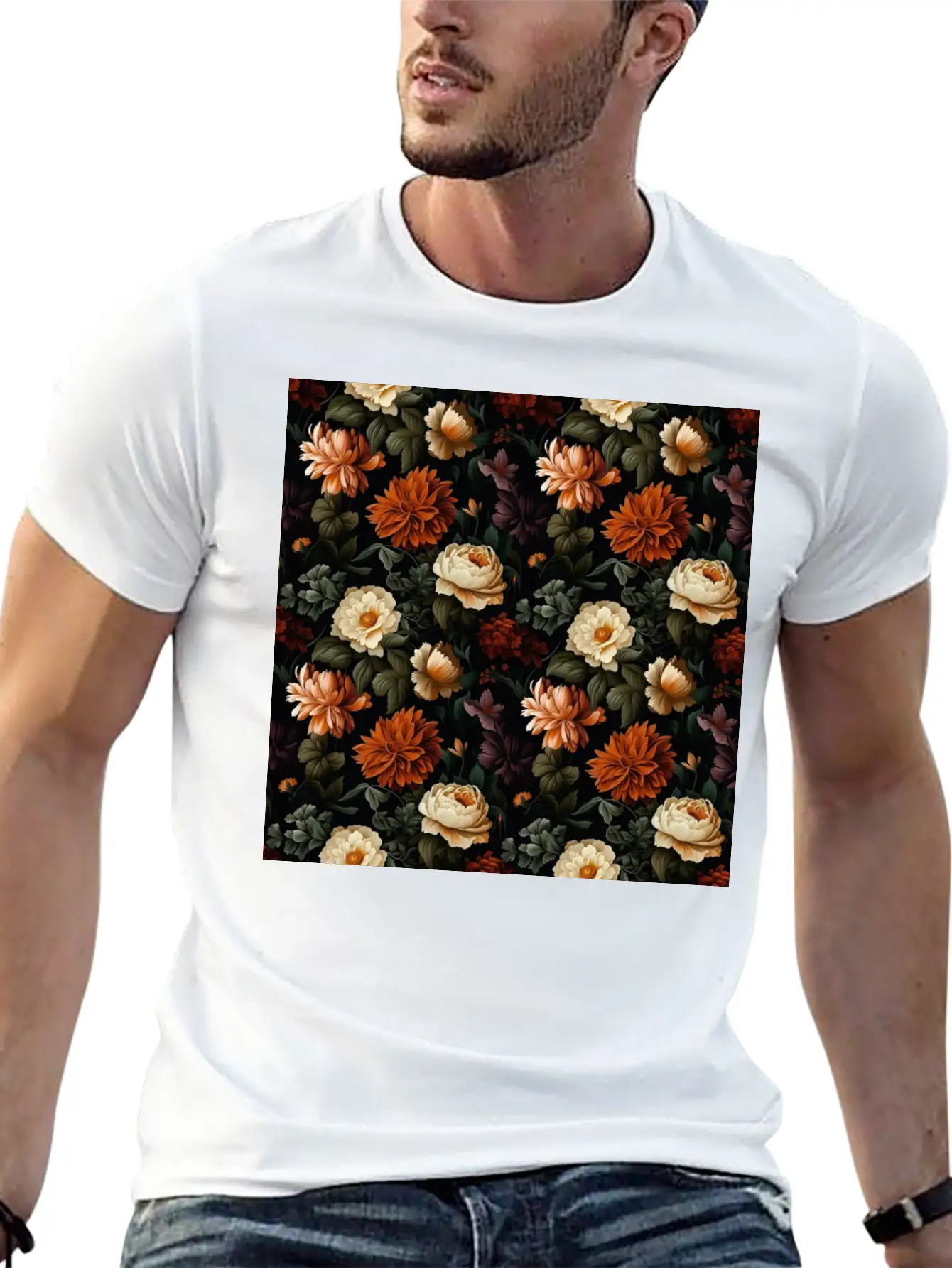 Dutch Nocturne: Luminous Floral Pastoral On Black Essential Cotton Tee For Daily Outfits – Unisex Style