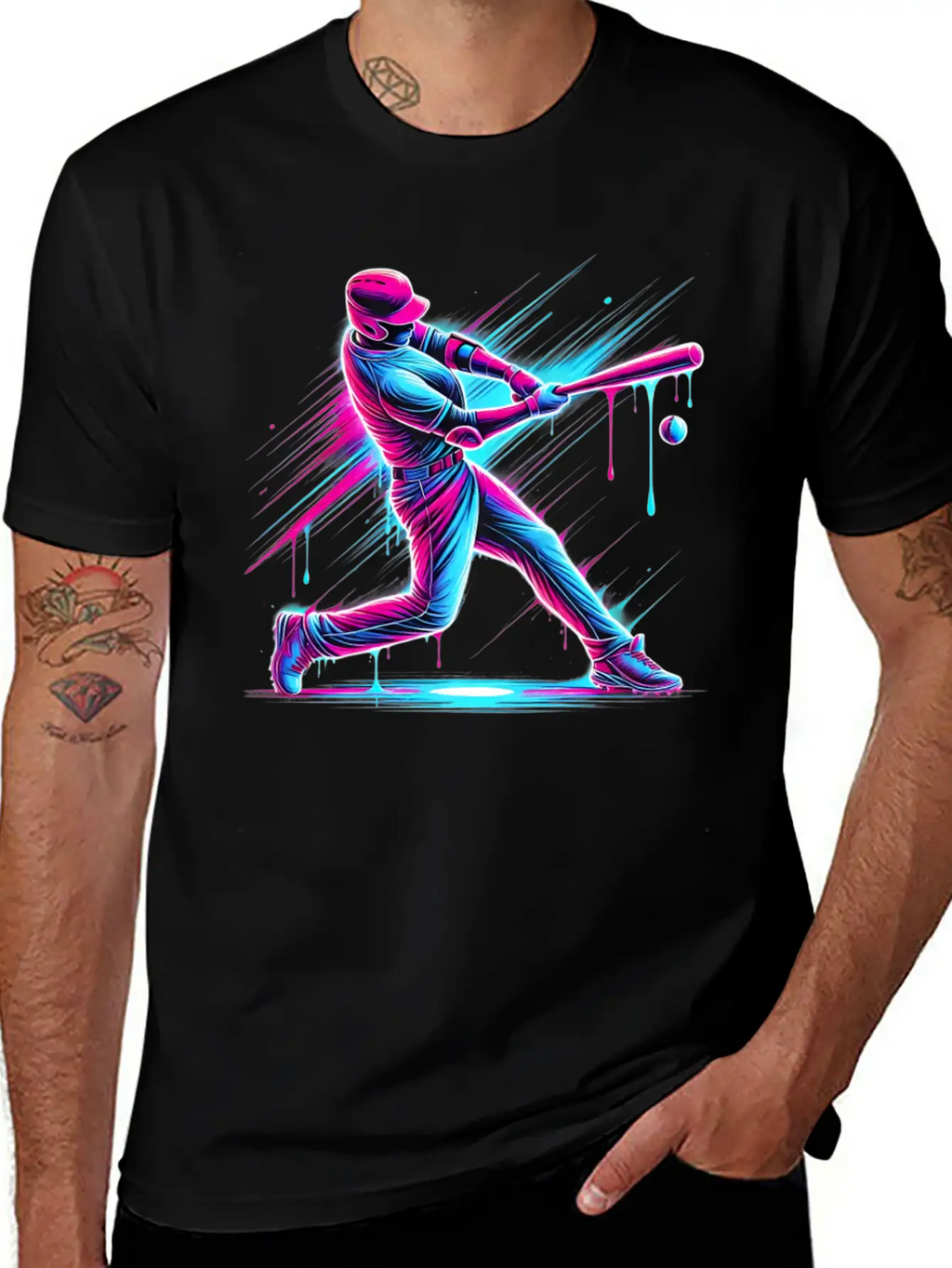 Dynamic Baseball Player Swinging With Drip Sports Basic Graphic T-Shirt – Daily Comfort In Soft Cotton