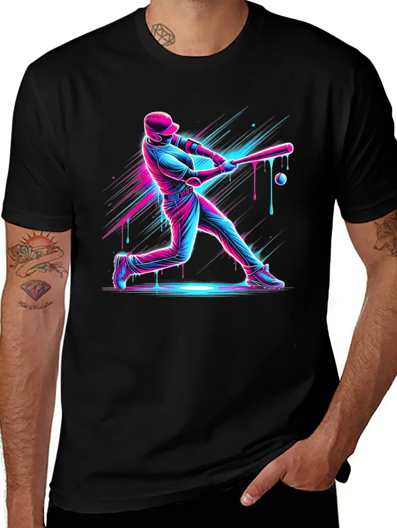 Dynamic Baseball Player Swinging With Drip Sports Basic Graphic T-Shirt – Daily Comfort In Soft Cotton
