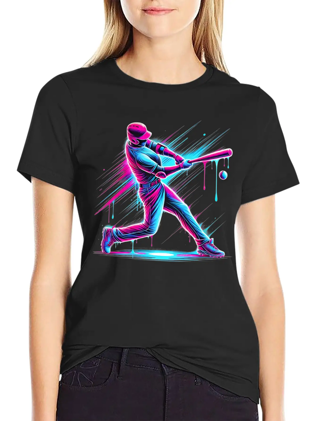 Dynamic Baseball Player Swinging With Drip Sports Basic Graphic T-Shirt – Daily Comfort In Soft Cotton