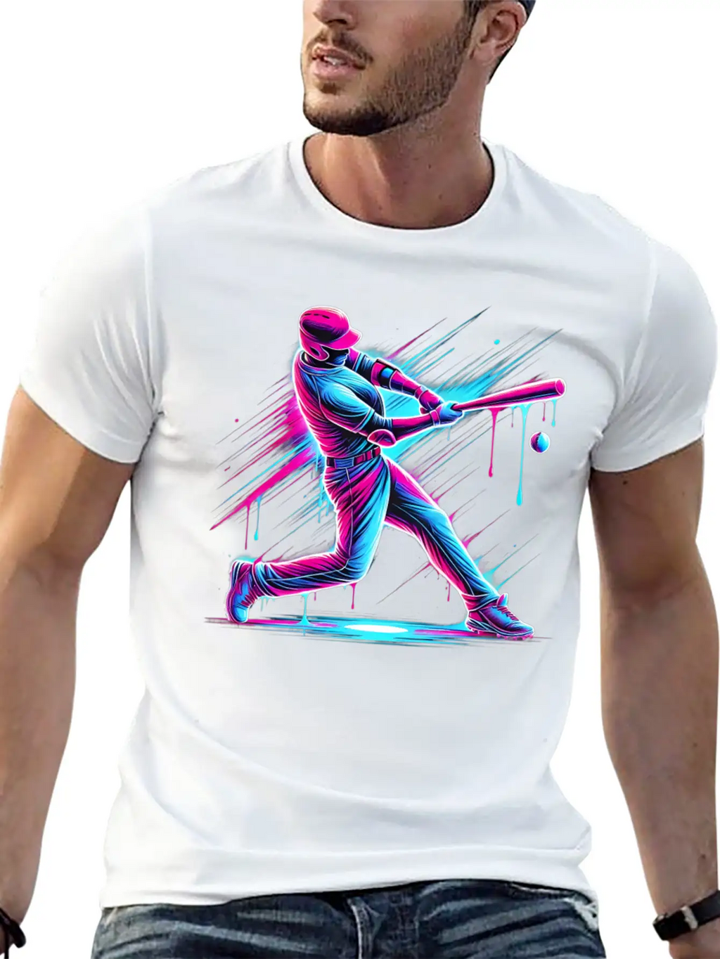 Dynamic Baseball Player Swinging With Drip Sports Basic Graphic T-Shirt – Daily Comfort In Soft Cotton