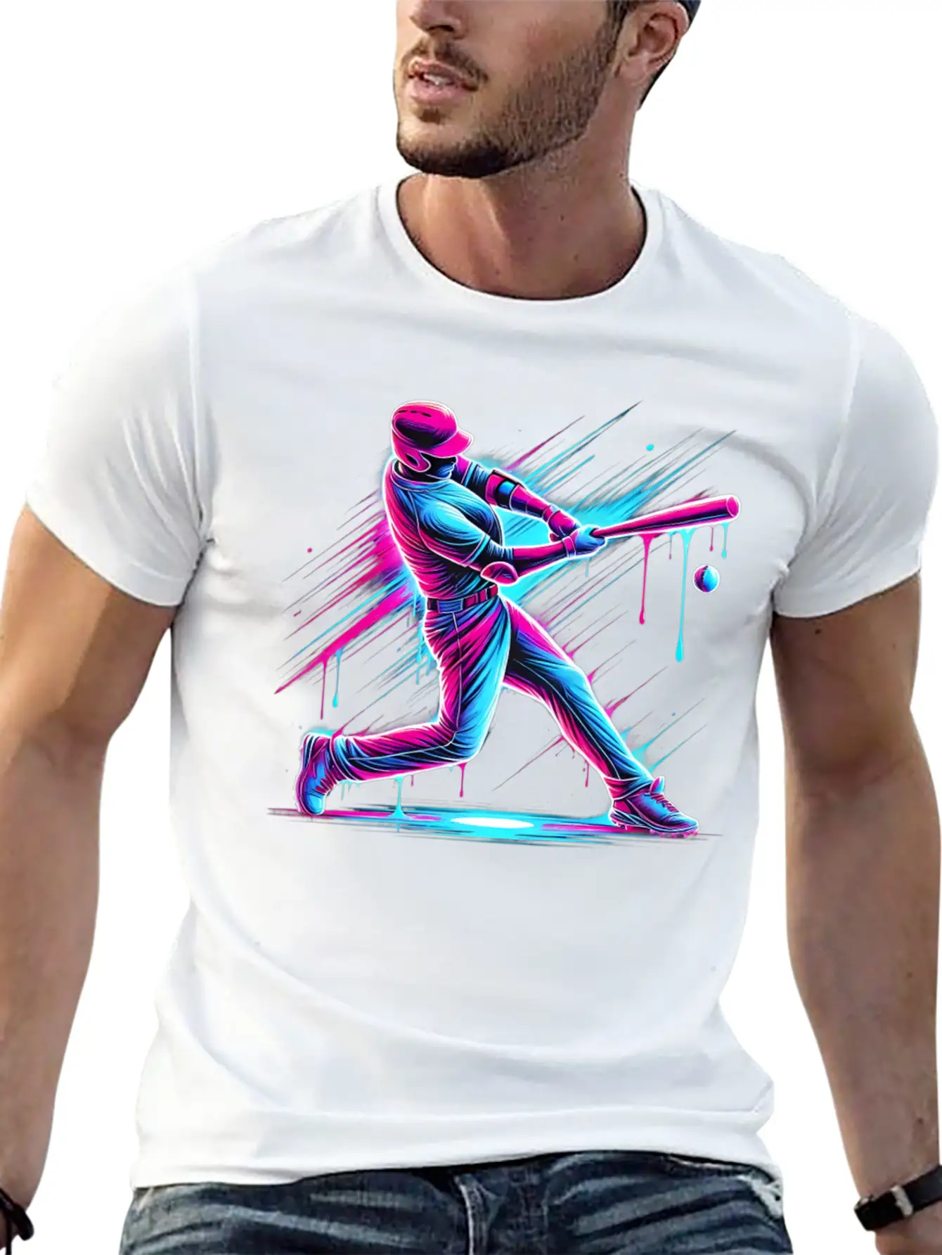 Dynamic Baseball Player Swinging With Drip Sports Basic Graphic T-Shirt – Daily Comfort In Soft Cotton