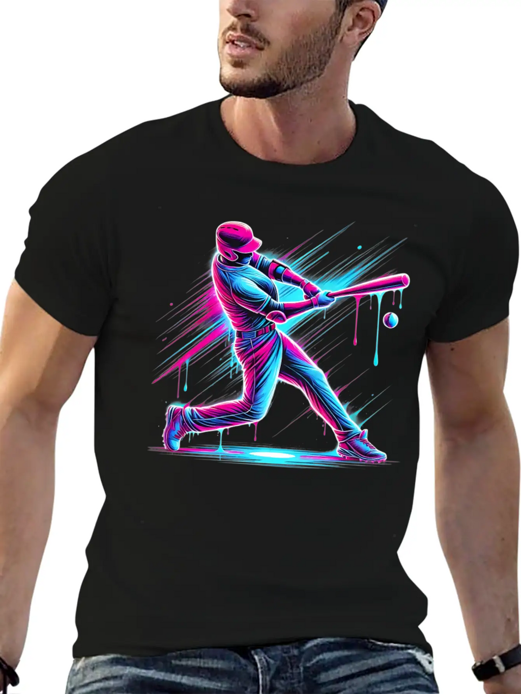 Dynamic Baseball Player Swinging With Drip Sports Basic Graphic T-Shirt – Daily Comfort In Soft Cotton