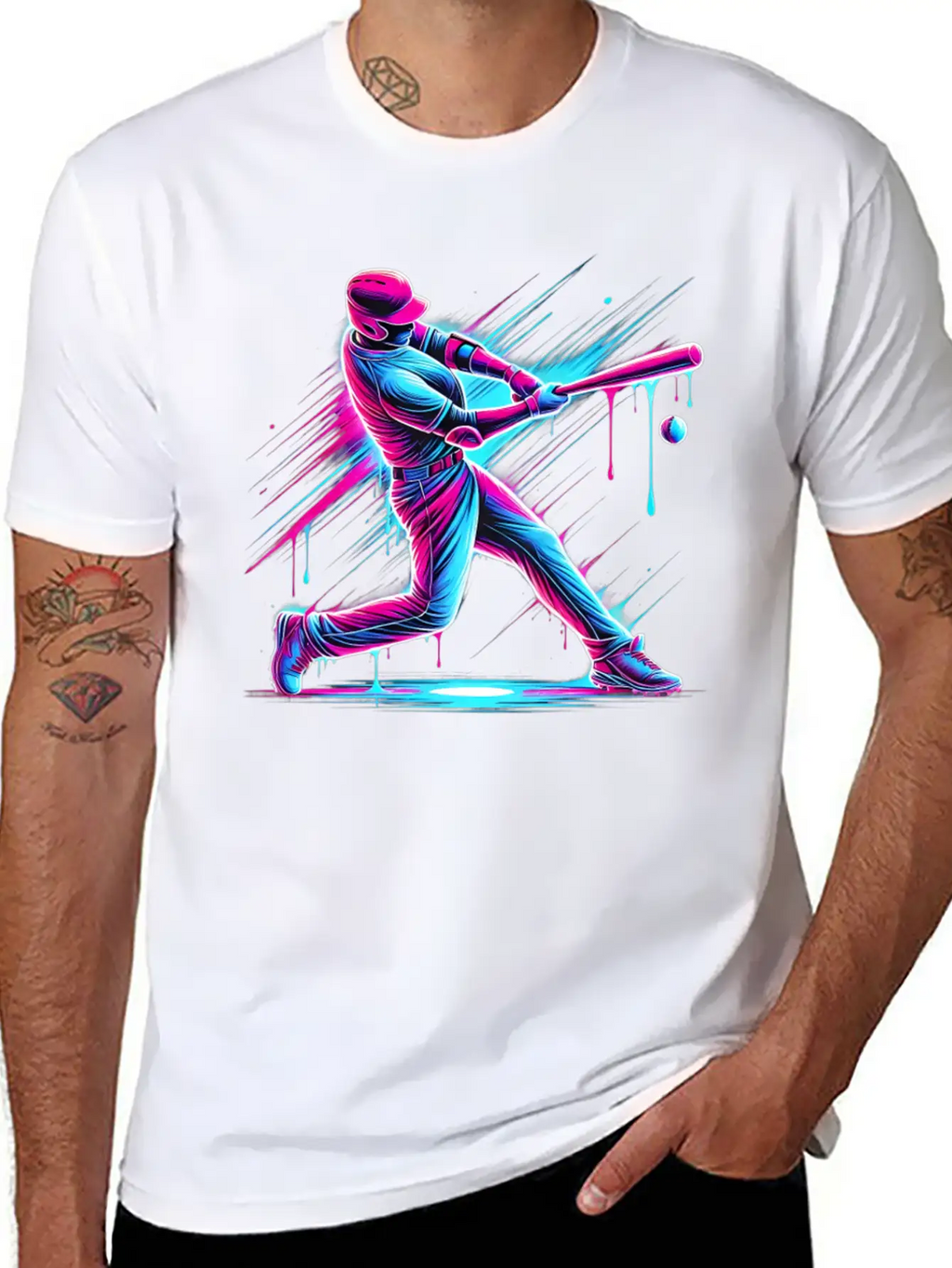 Dynamic Baseball Player Swinging With Drip Sports Basic Graphic T-Shirt – Daily Comfort In Soft Cotton