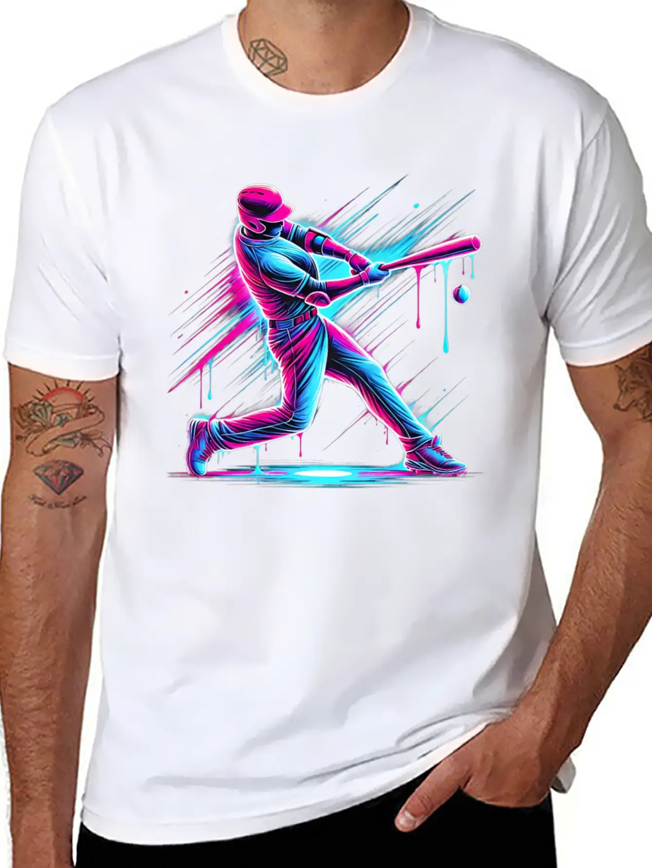 Dynamic Baseball Player Swinging With Drip Sports Basic Graphic T-Shirt – Daily Comfort In Soft Cotton
