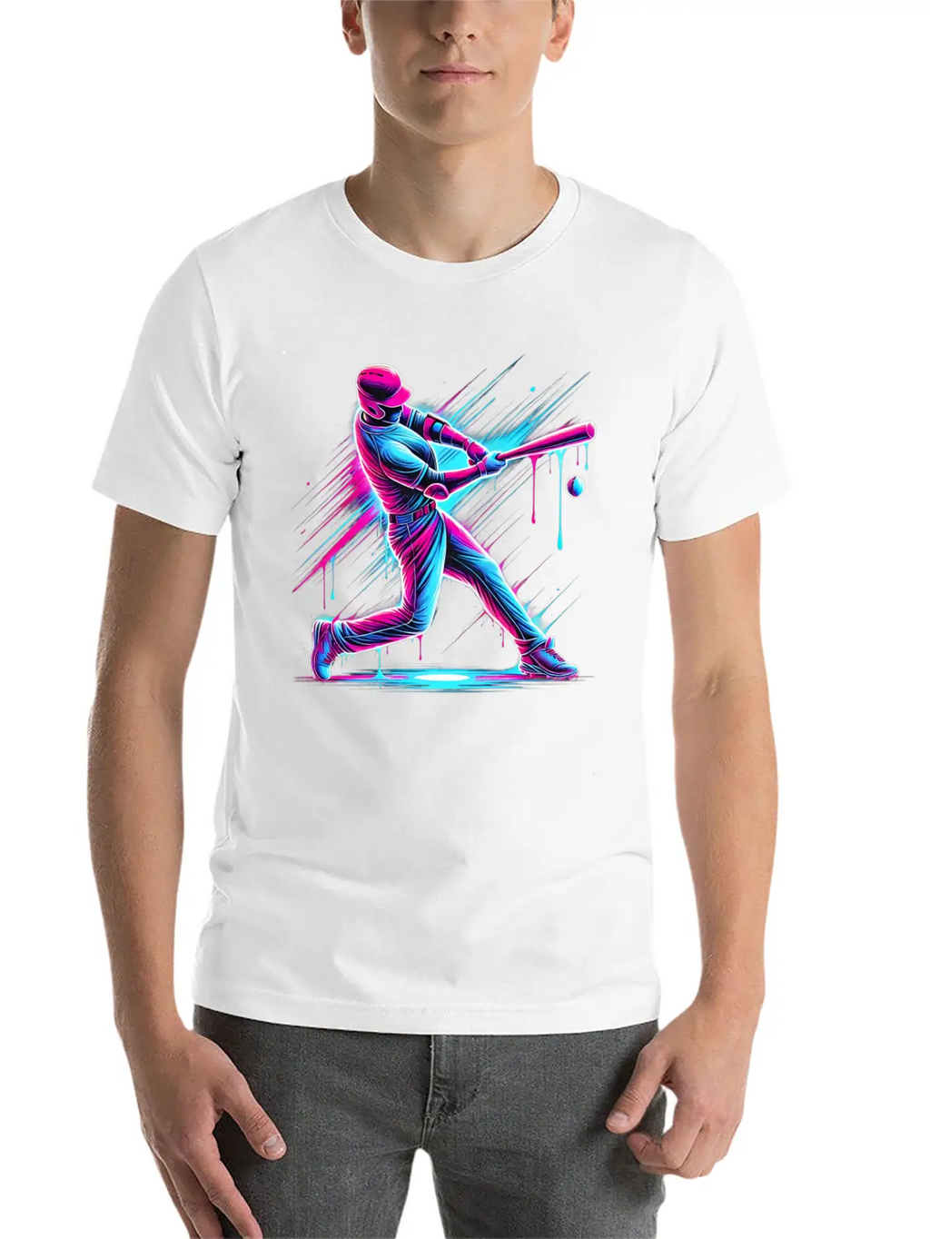 Dynamic Baseball Player Swinging With Drip Sports Basic Graphic T-Shirt – Daily Comfort In Soft Cotton