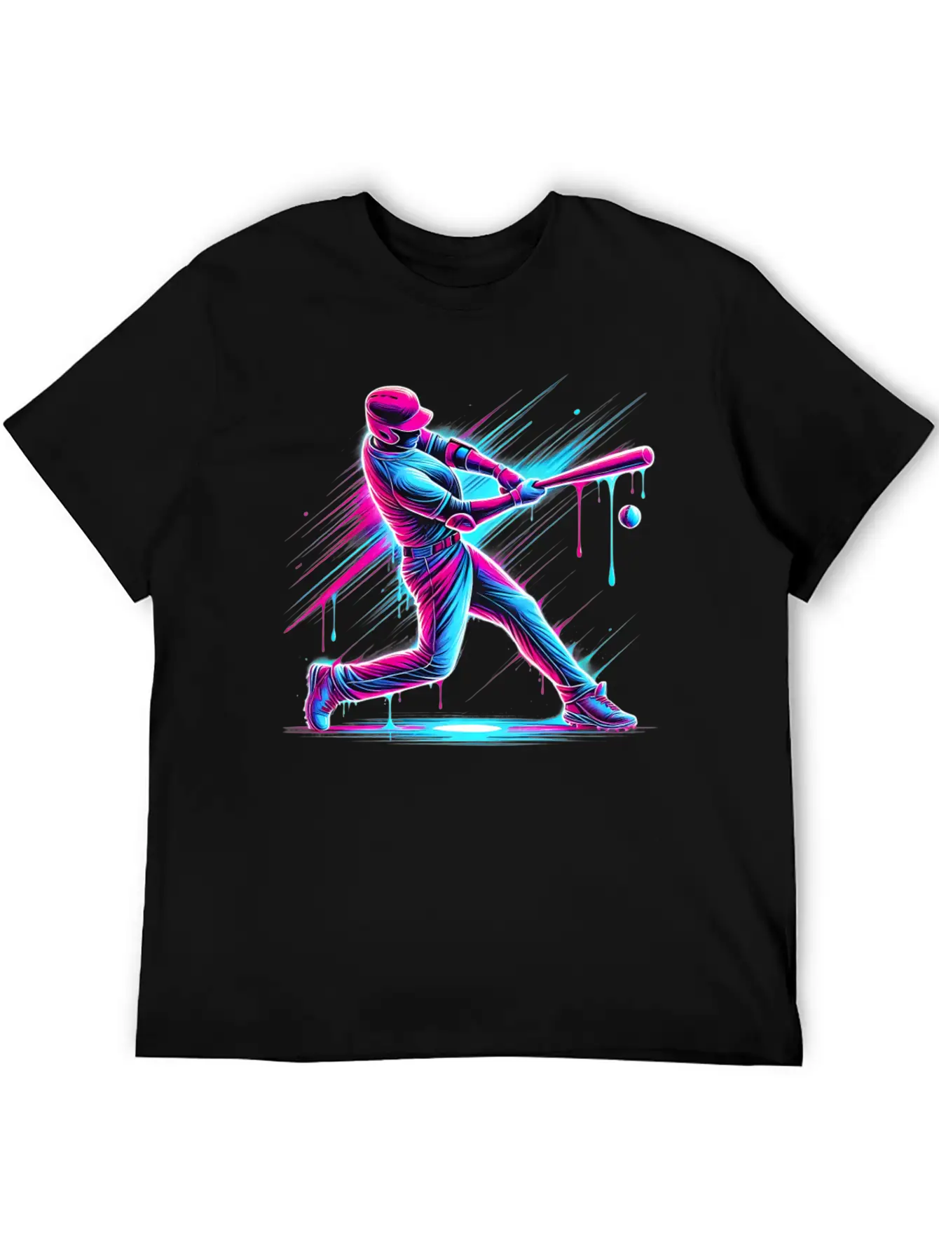 Dynamic Baseball Player Swinging With Drip Sports Basic Graphic T-Shirt – Daily Comfort In Soft Cotton