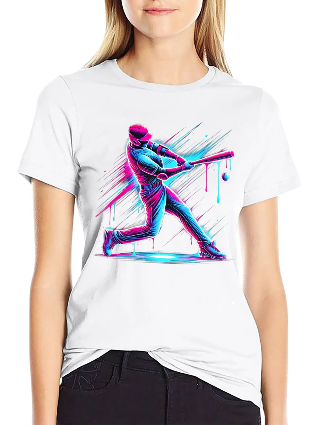 Dynamic Baseball Player Swinging With Drip Sports Basic Graphic T-Shirt – Daily Comfort In Soft Cotton