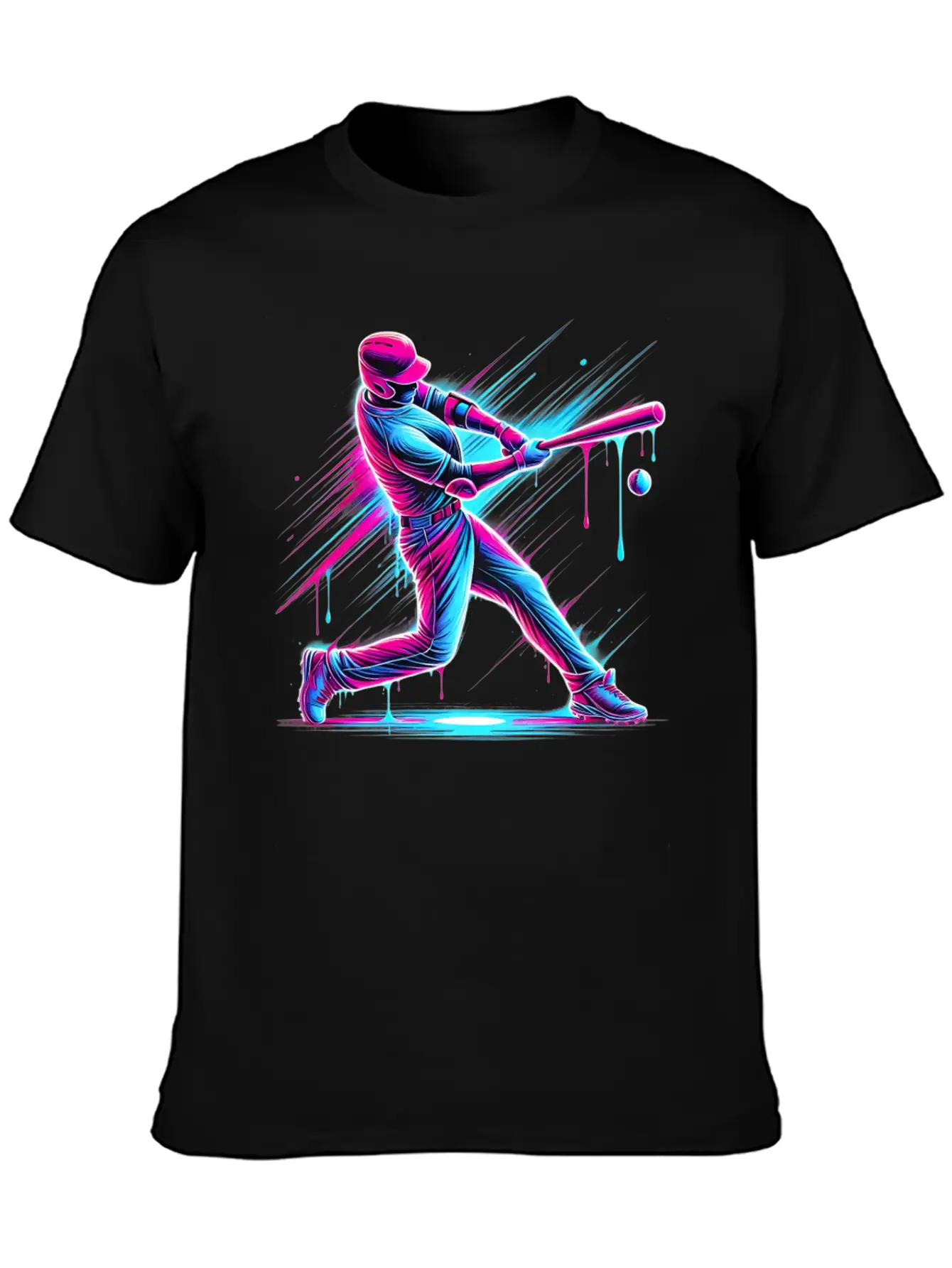 Dynamic Baseball Player Swinging With Drip Sports Basic Graphic T-Shirt – Daily Comfort In Soft Cotton