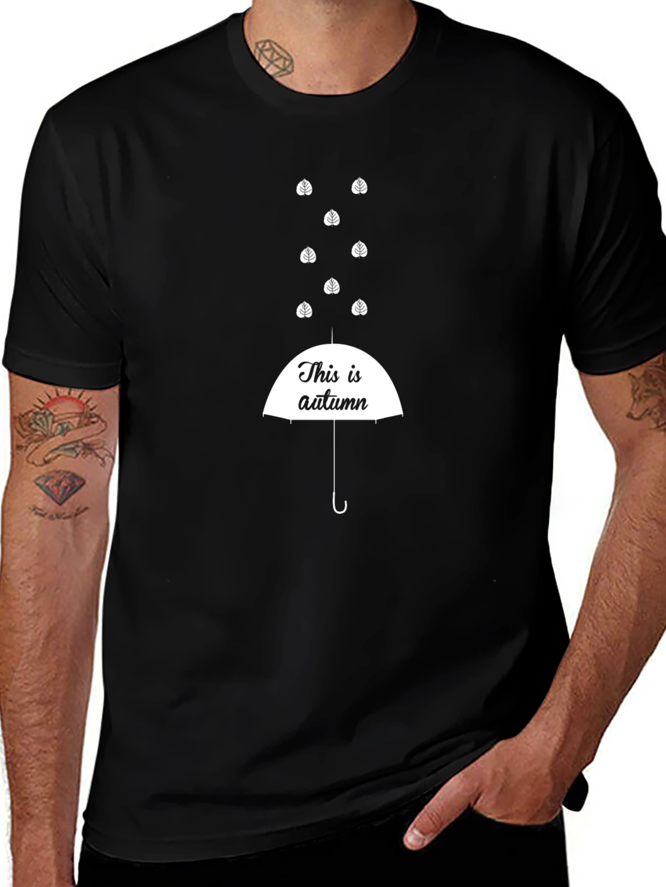 Autumn Leaves Umbrella Black T-Shirt