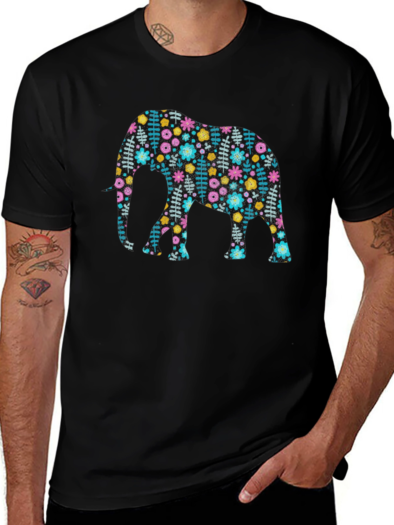Floral Elephant Graphic Tee - Black Cotton Comfort Fit