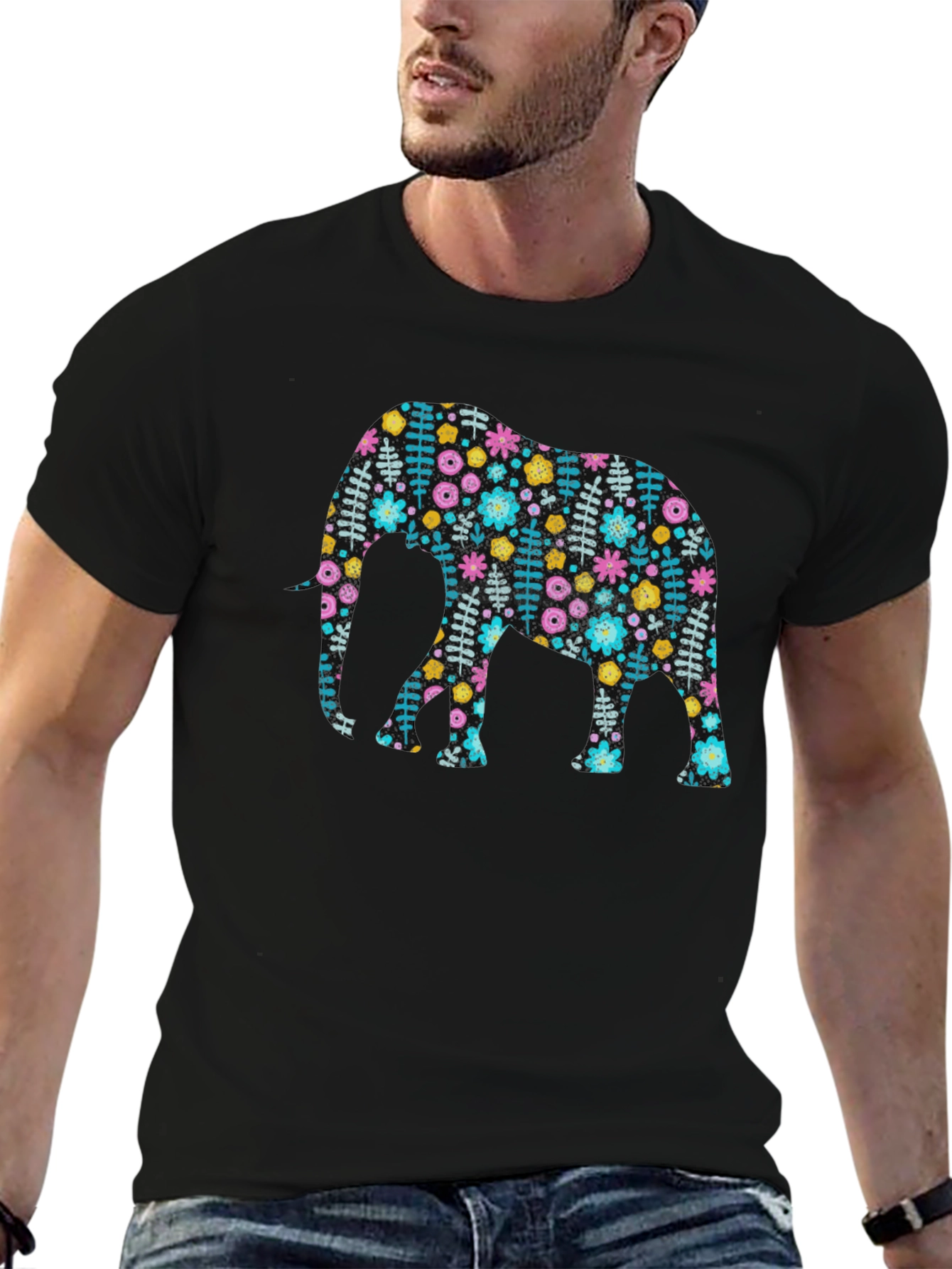 Floral Elephant Graphic Tee - Black Cotton Comfort Fit
