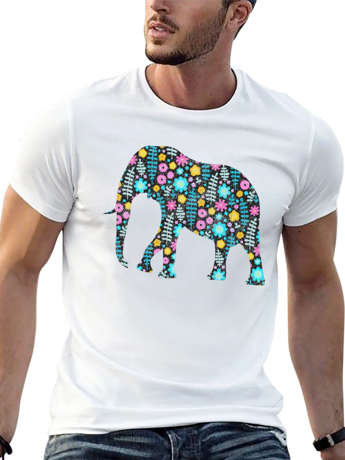Floral Elephant Graphic Tee - Black Cotton Comfort Fit