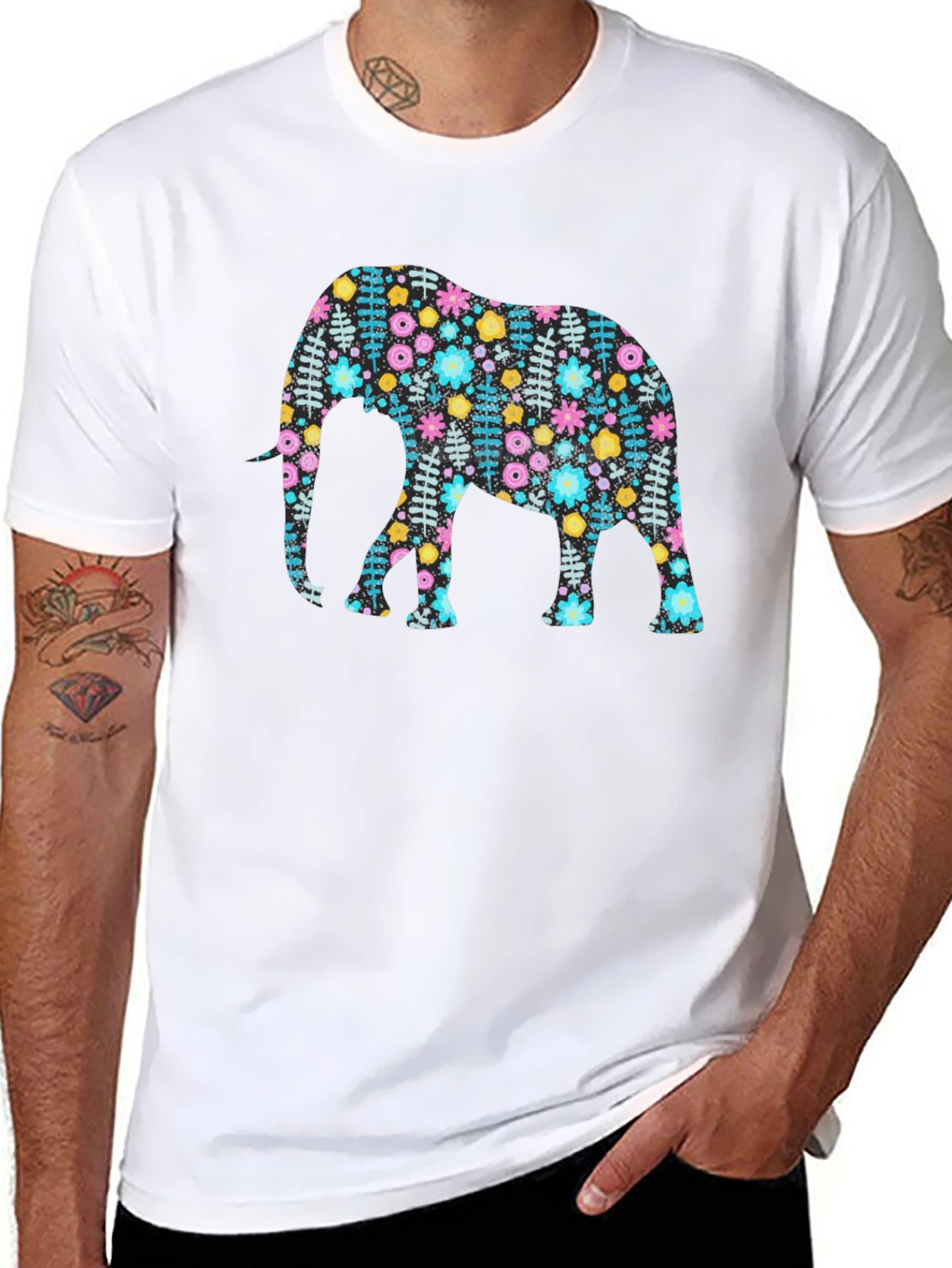 Floral Elephant Graphic Tee - Black Cotton Comfort Fit
